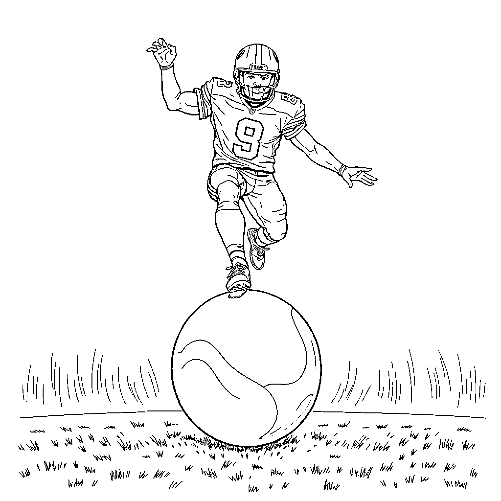 Receiver sprinting triumphantly on the field Coloring Page (free black-and-white line drawing printable PDF for all, from beginners to advanced learners, including children, teens, adults, and seniors)