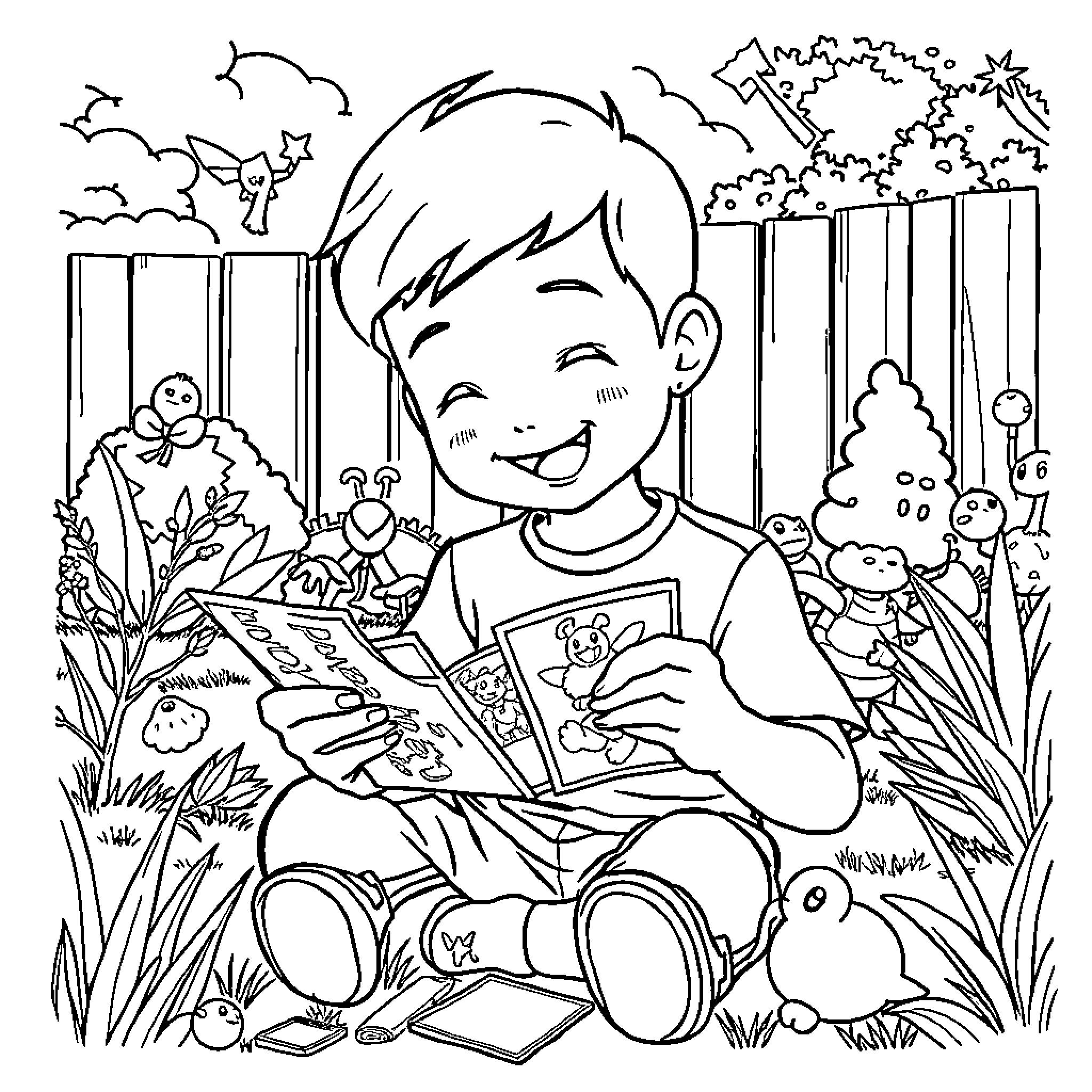 Boy enjoying a coloring book in the garden Coloring Page (free black-and-white line drawing printable PDF for all, from beginners to advanced learners, including children, teens, adults, and seniors)