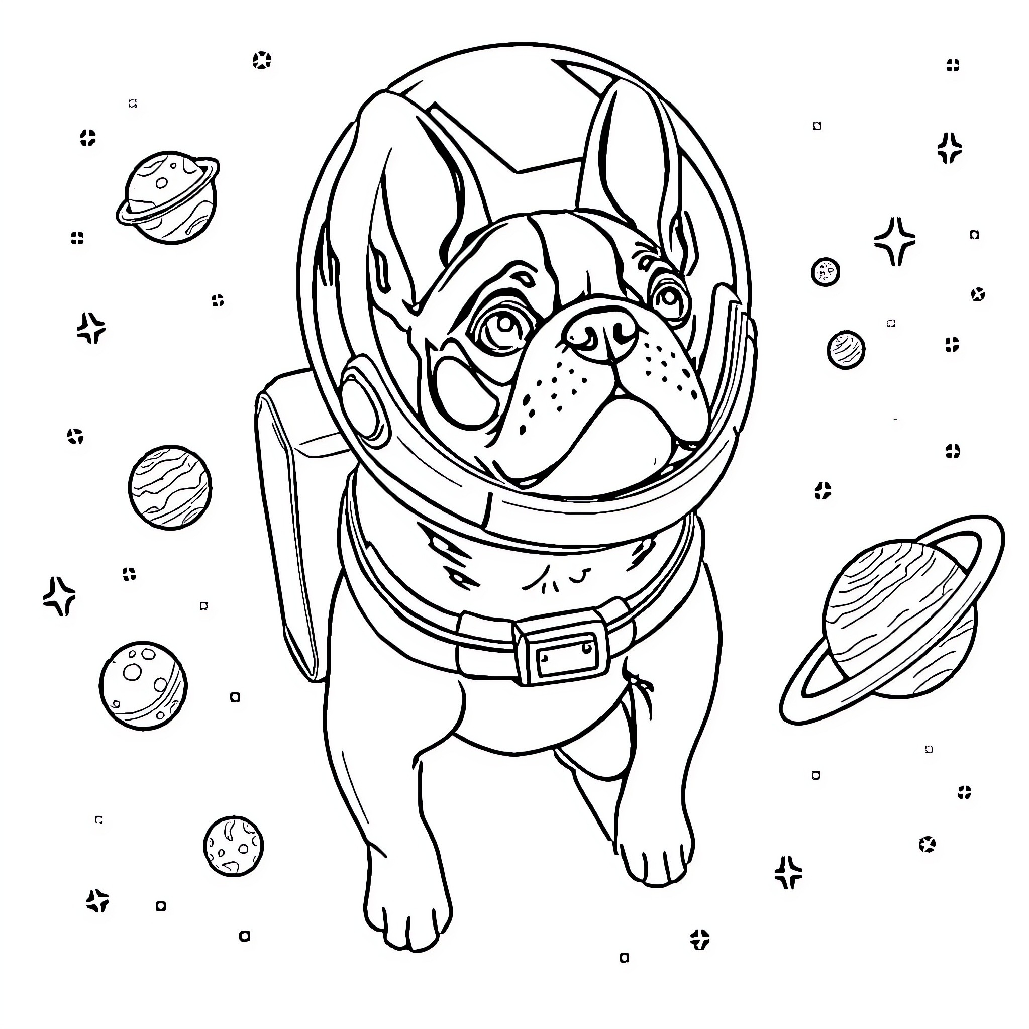 Boston Terrier in space suit surrounded by planets Coloring Page (free black-and-white line drawing printable PDF for all, from beginners to advanced learners, including children, teens, adults, and seniors)