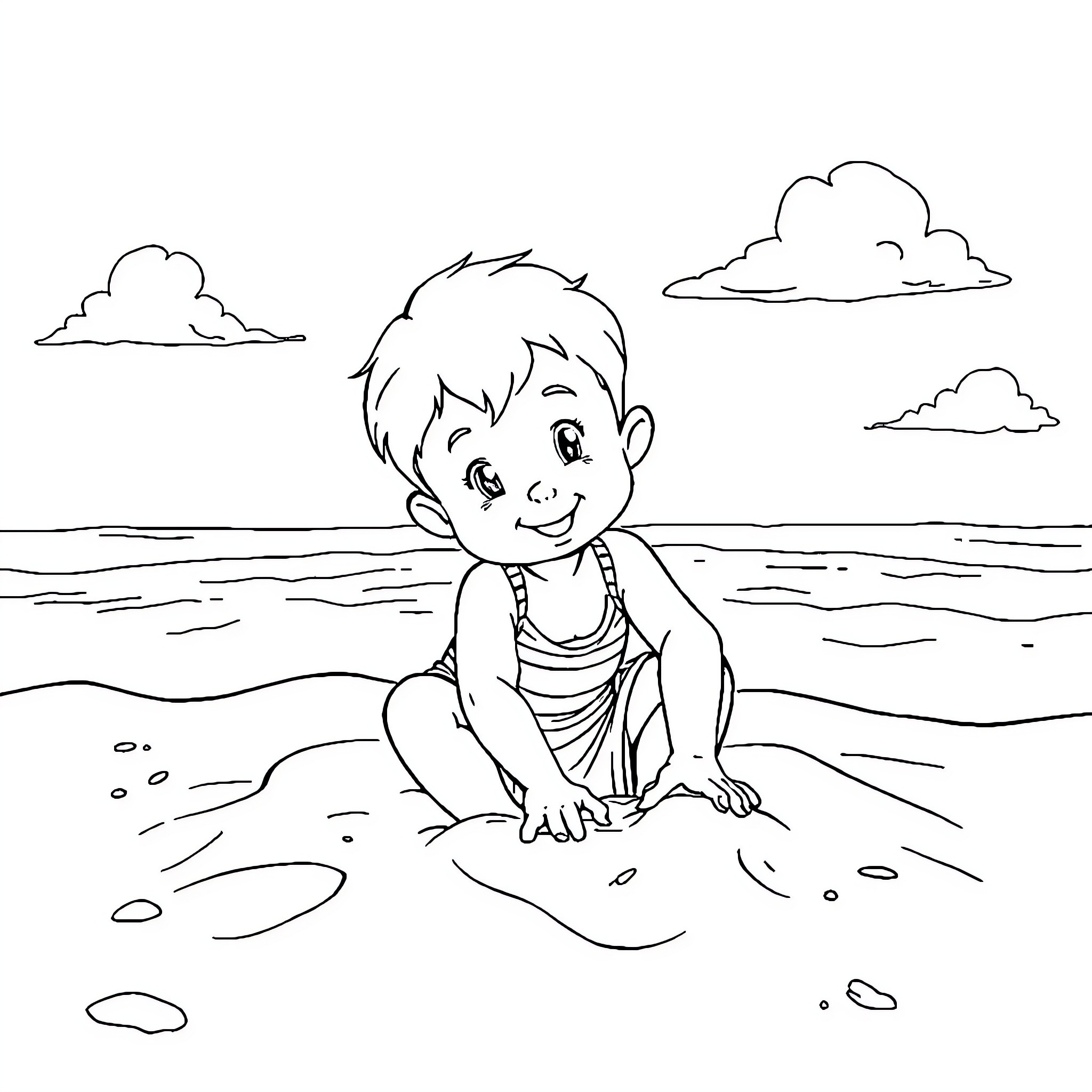 John playing happily on the beach Coloring Page (free black-and-white line drawing printable PDF for all, from beginners to advanced learners, including children, teens, adults, and seniors)
