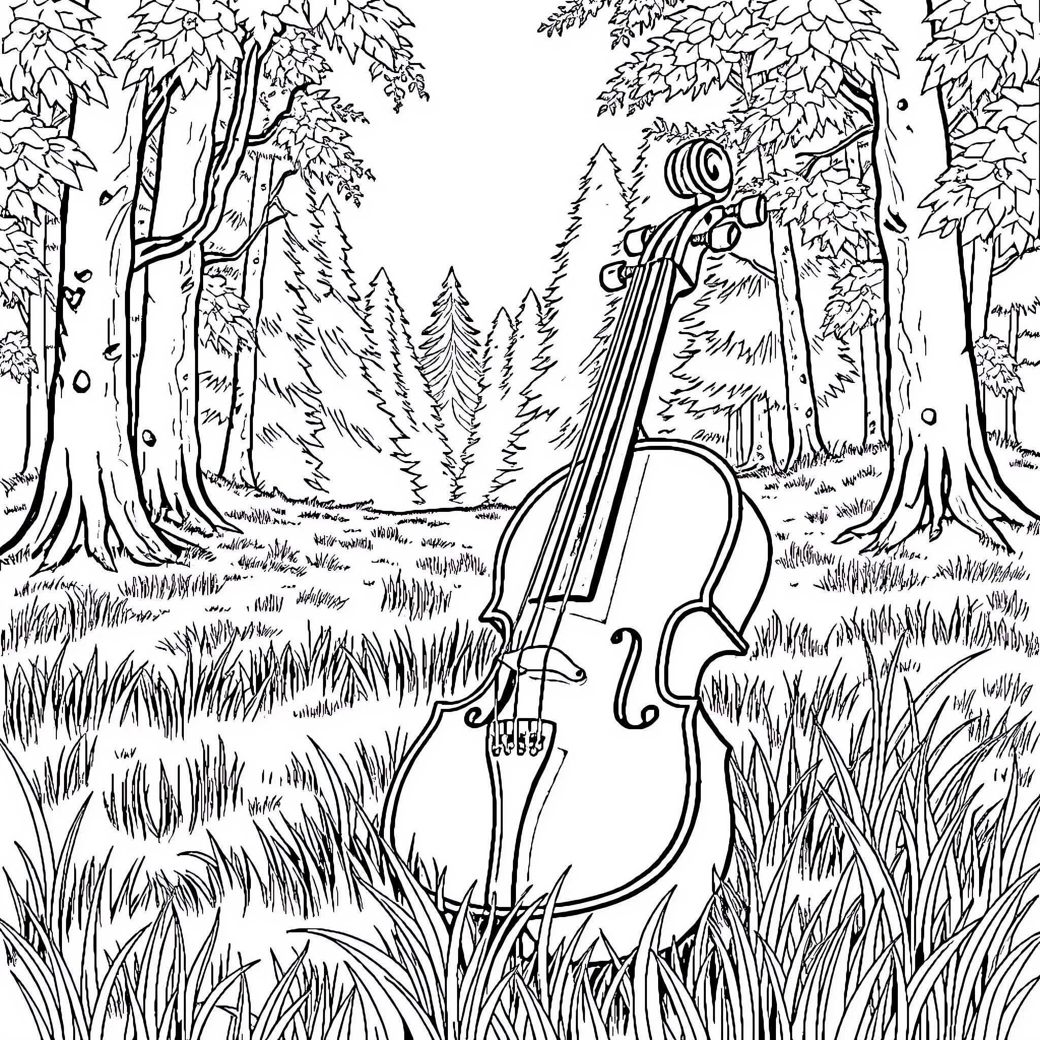 Violin in the Enchanted Forest Coloring Page (free black-and-white line drawing printable PDF for all, from beginners to advanced learners, including children, teens, adults, and seniors)