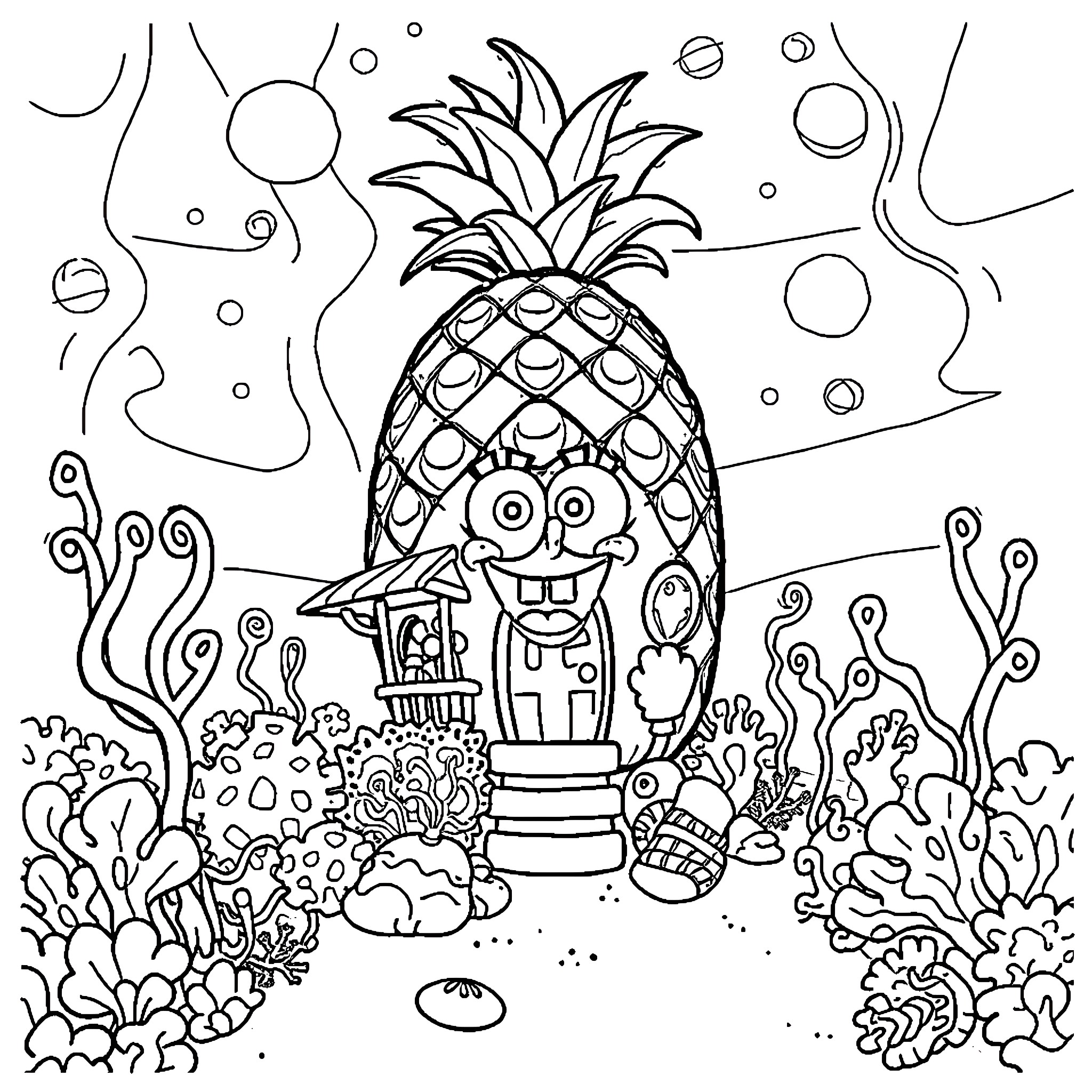 Spongebob's Enchanting Undersea Adventure Coloring Page (free black-and-white line drawing printable PDF for all, from beginners to advanced learners, including children, teens, adults, and seniors)