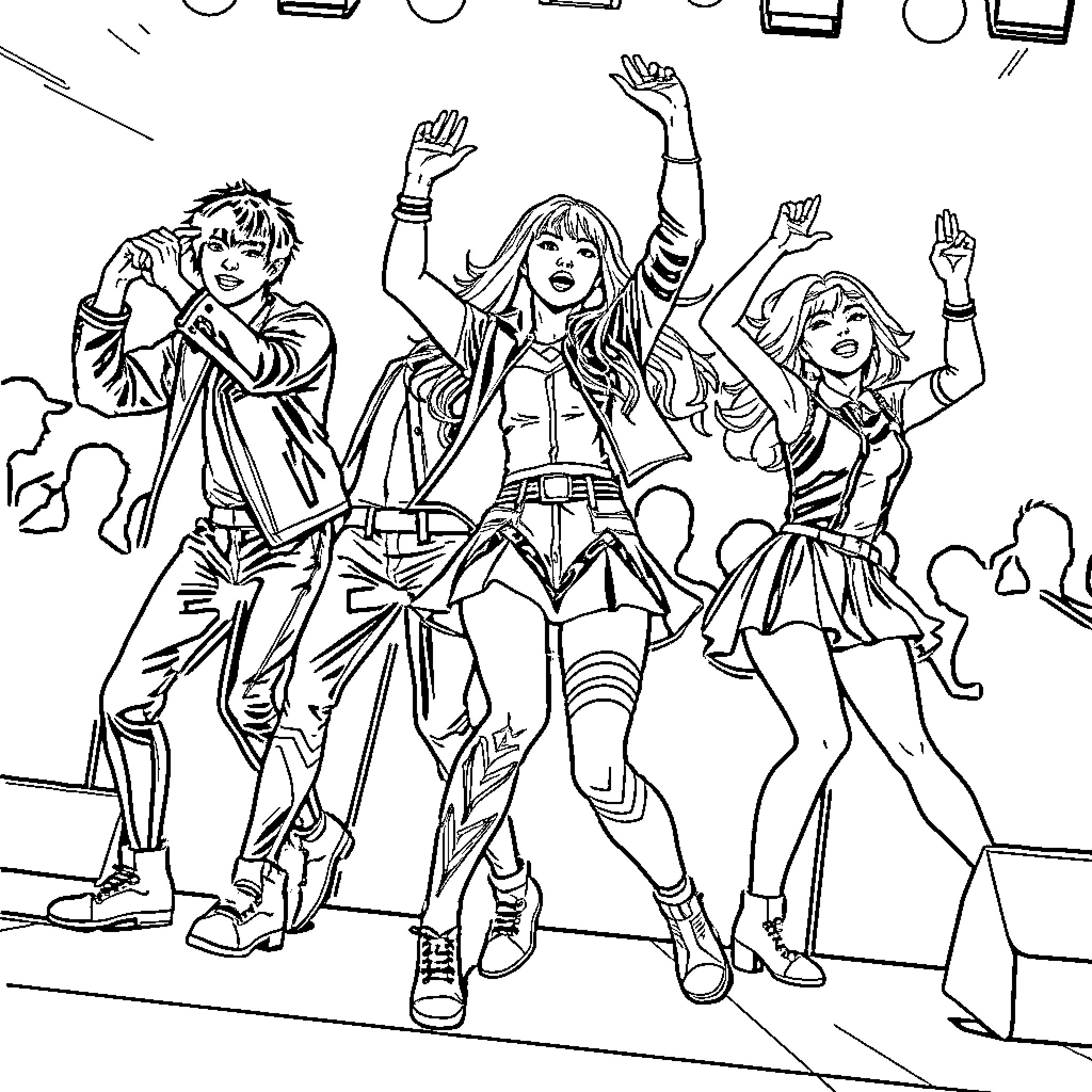 Kpop Warriors Performing on Stage Coloring Page (free black-and-white line drawing printable PDF for all, from beginners to advanced learners, including children, teens, adults, and seniors)