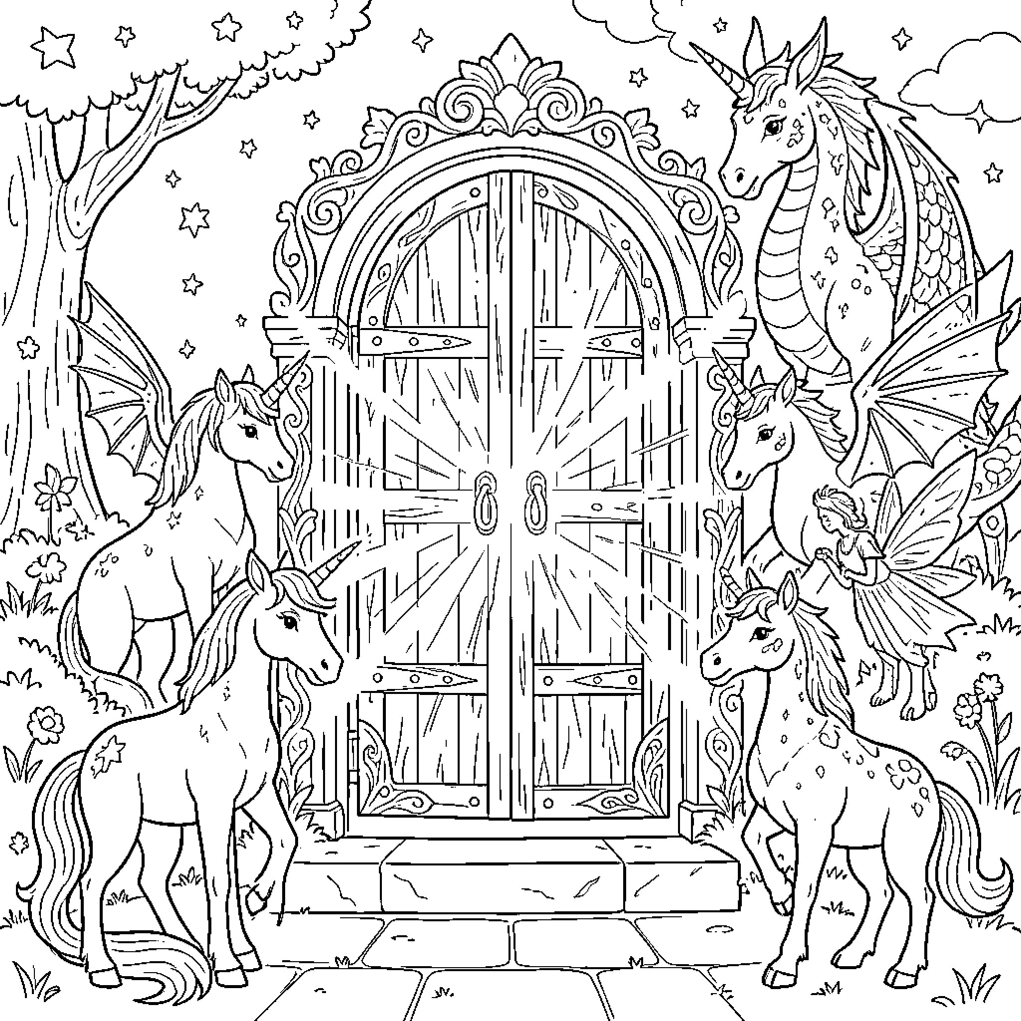 Door to a magical fantasy world with mythical creatures Coloring Page (free black-and-white line drawing printable PDF for all, from beginners to advanced learners, including children, teens, adults, and seniors)