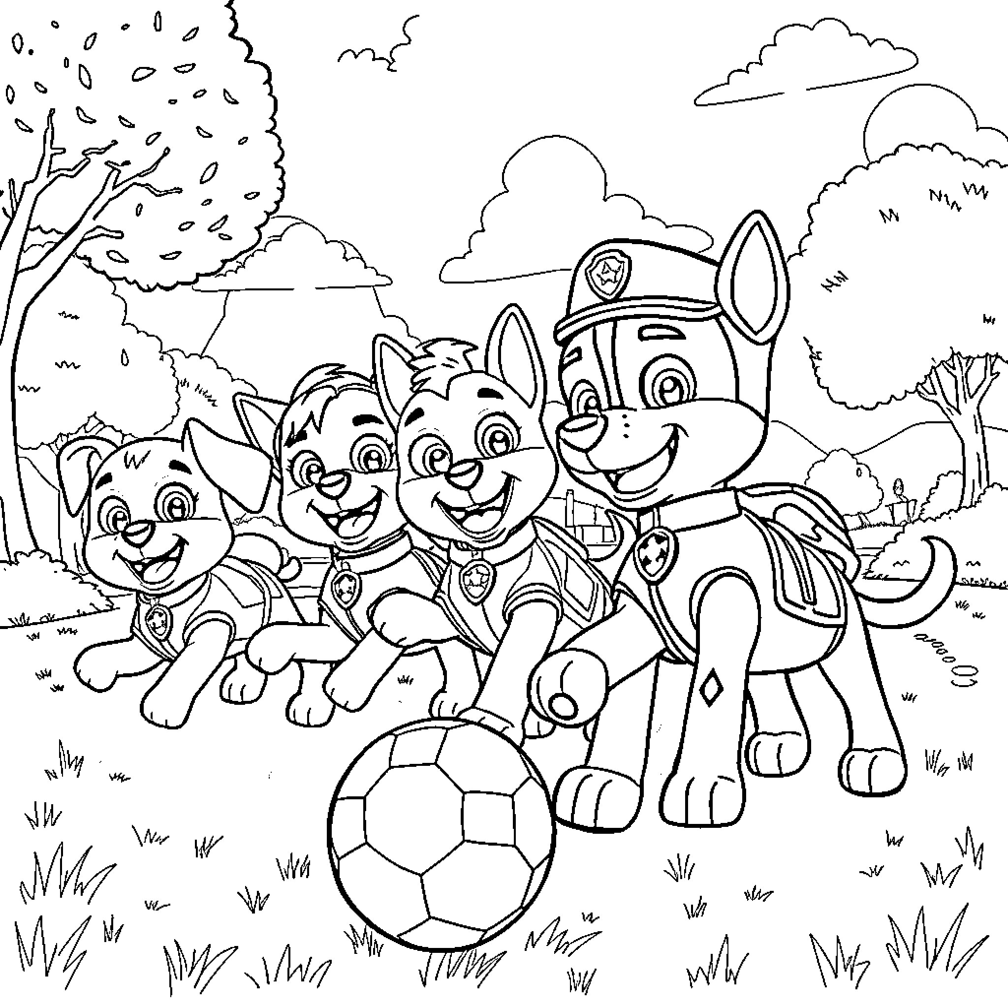 Paw Patrol team playing with soccer ball in the park Coloring Page (free black-and-white line drawing printable PDF for all, from beginners to advanced learners, including children, teens, adults, and seniors)