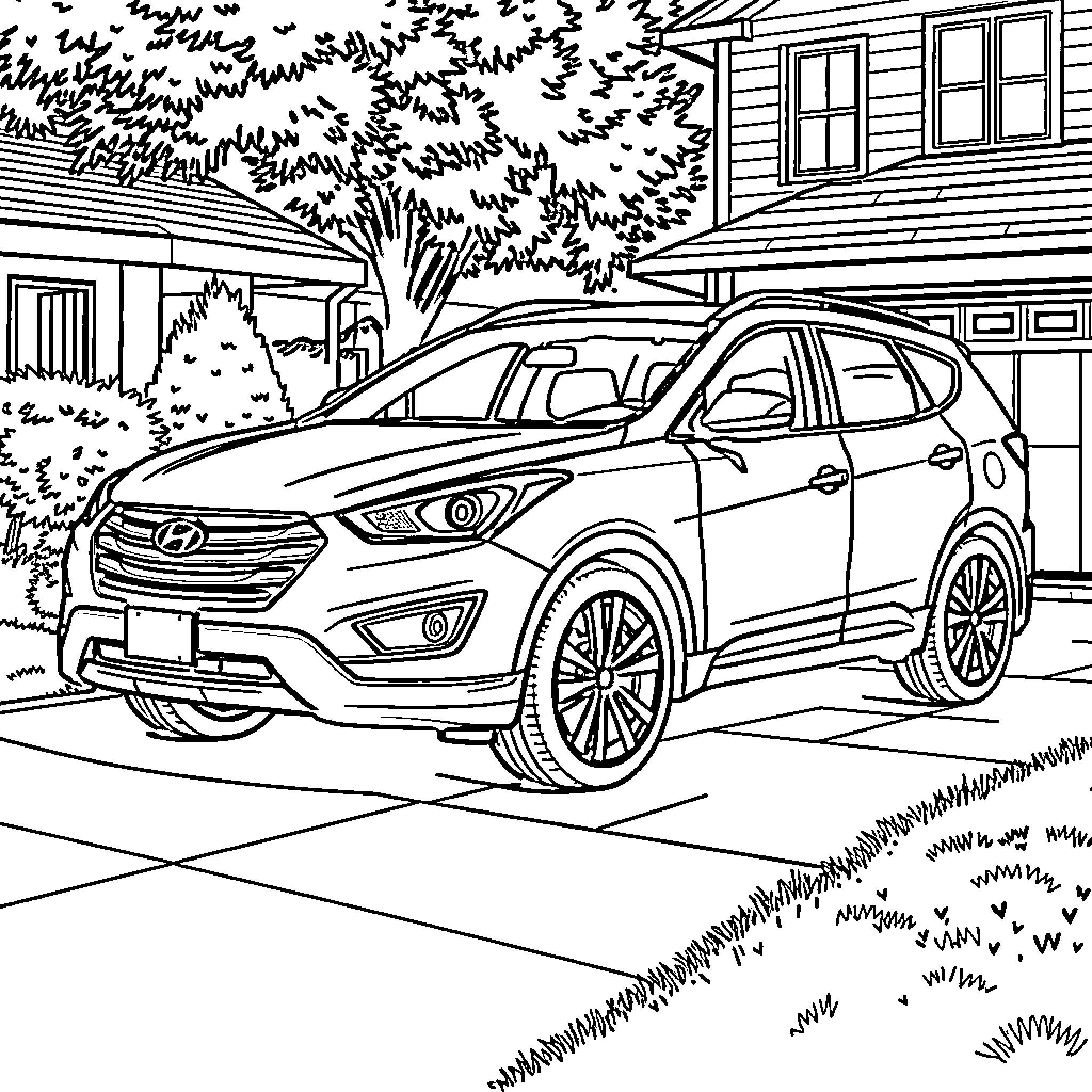 Santa Fe Auto Enthusiasts Enjoy Scenic Neighborhood Coloring Page (free black-and-white line drawing printable PDF for all, from beginners to advanced learners, including children, teens, adults, and seniors)