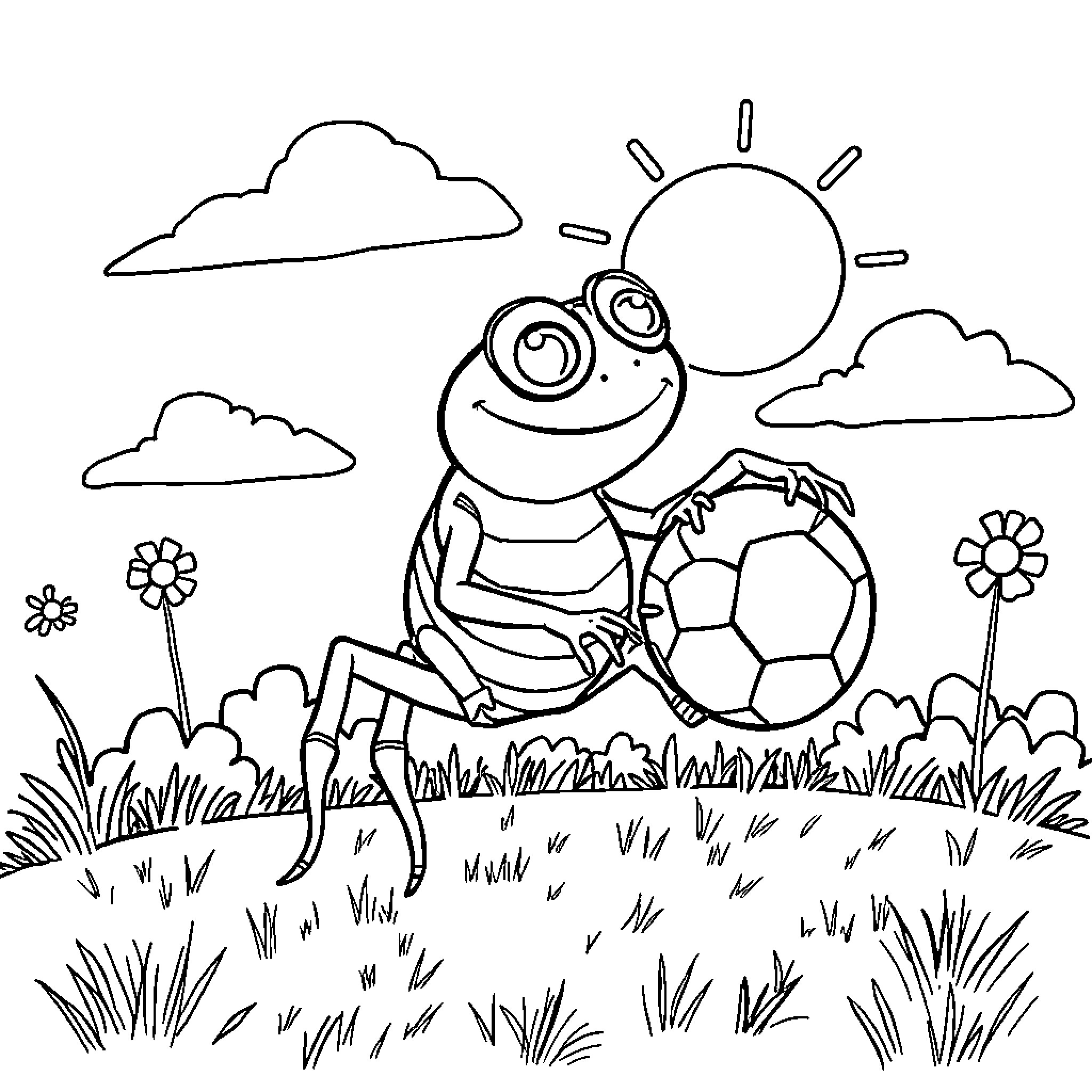 Spider-shaped character playing with soccer ball in nature Coloring Page (free black-and-white line drawing printable PDF for all, from beginners to advanced learners, including children, teens, adults, and seniors)