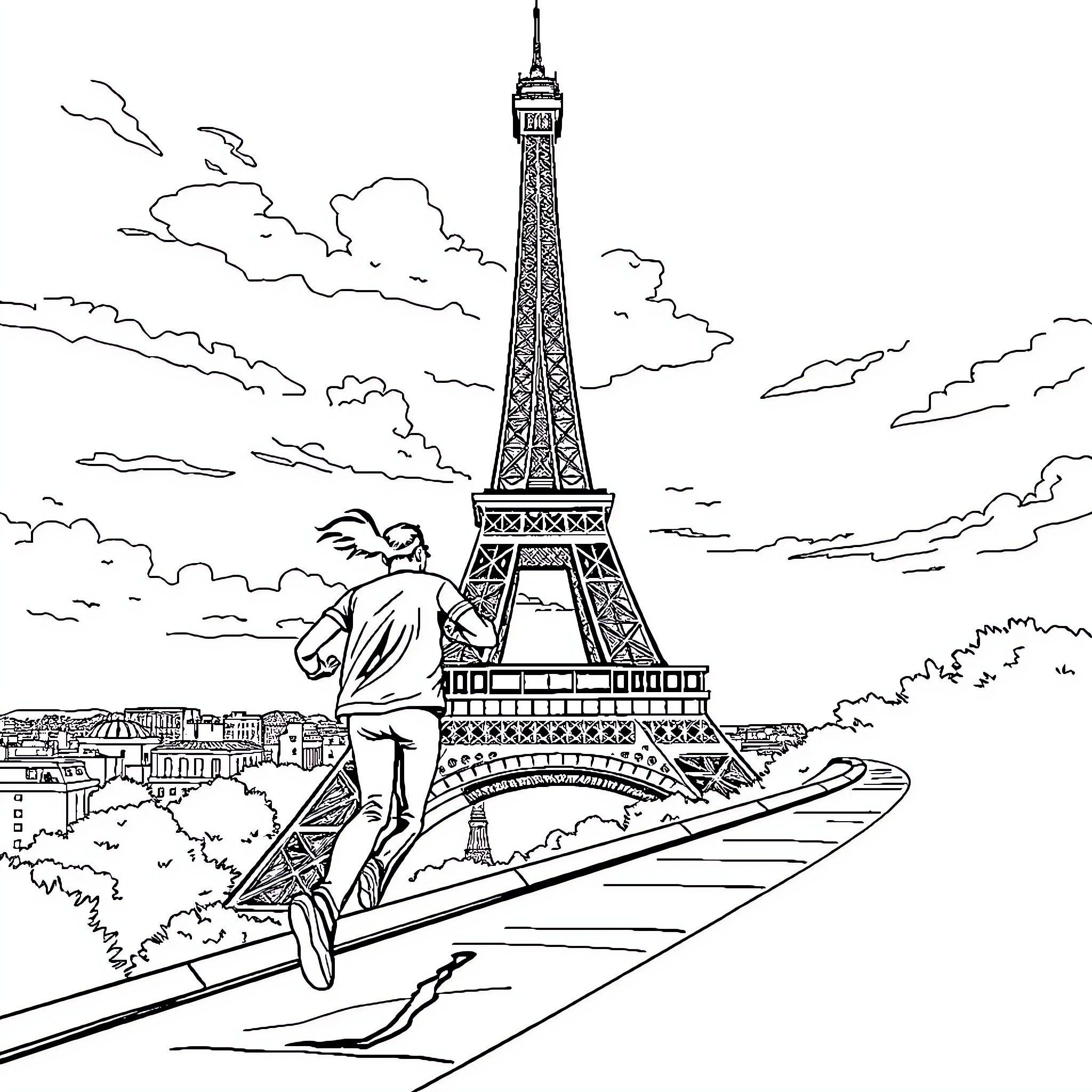 Runner exploring the scenic Eiffel Tower landscape Coloring Page (free black-and-white line drawing printable PDF for all, from beginners to advanced learners, including children, teens, adults, and seniors)