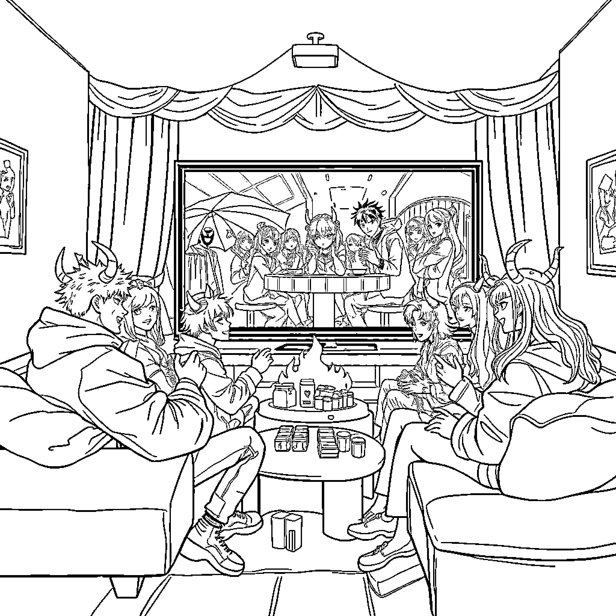 Demon Hunter's Mystical Gathering Coloring Page (free black-and-white line drawing printable PDF for all, from beginners to advanced learners, including children, teens, adults, and seniors)