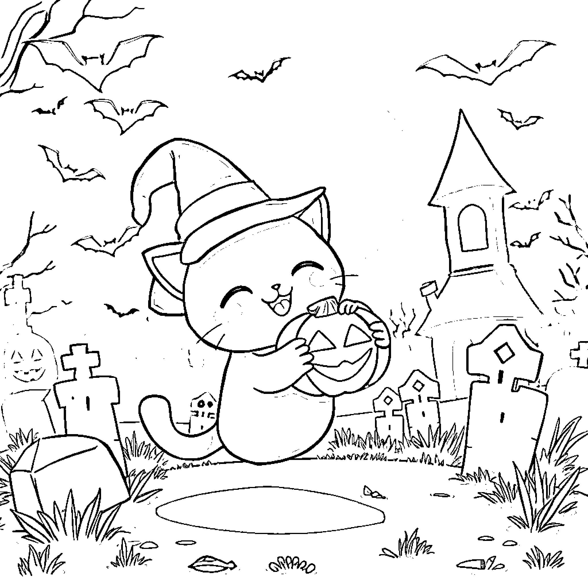 Cat in Halloween costume with jack-o-lantern Coloring Page (free black-and-white line drawing printable PDF for all, from beginners to advanced learners, including children, teens, adults, and seniors)