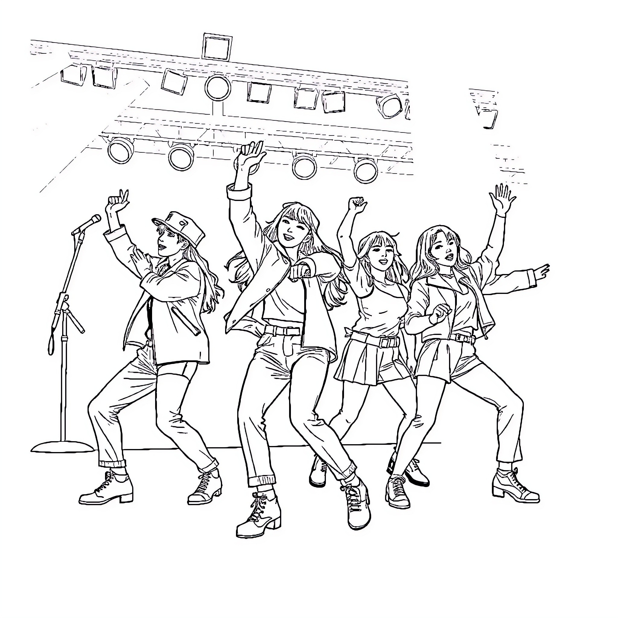 Kpop Performers Energetically Dancing on Stage Coloring Page (free black-and-white line drawing printable PDF for all, from beginners to advanced learners, including children, teens, adults, and seniors)