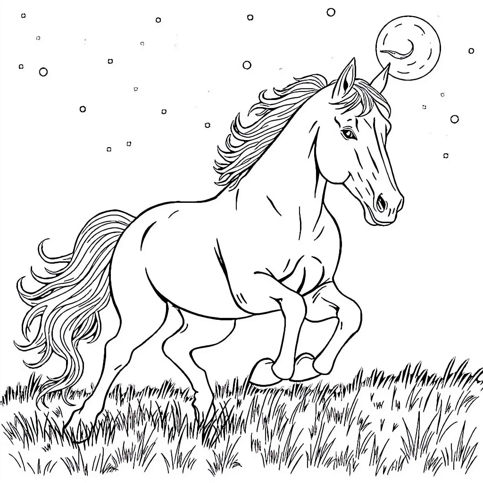 Horse galloping under the moonlight Coloring Page (free black-and-white line drawing printable PDF for all, from beginners to advanced learners, including children, teens, adults, and seniors)