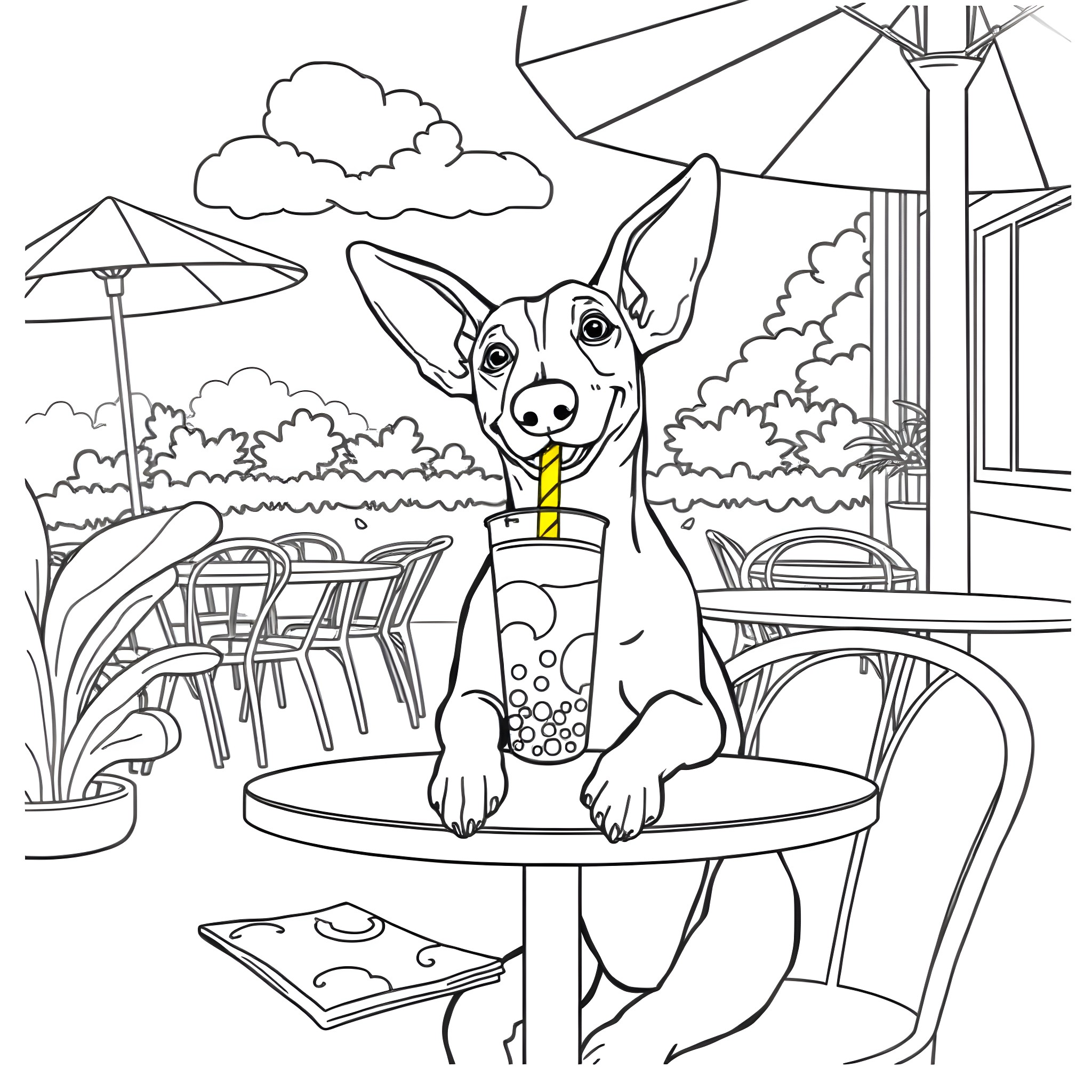 Weiner Dog enjoying a cafe patio Coloring Page (free black-and-white line drawing printable PDF for all, from beginners to advanced learners, including children, teens, adults, and seniors)
