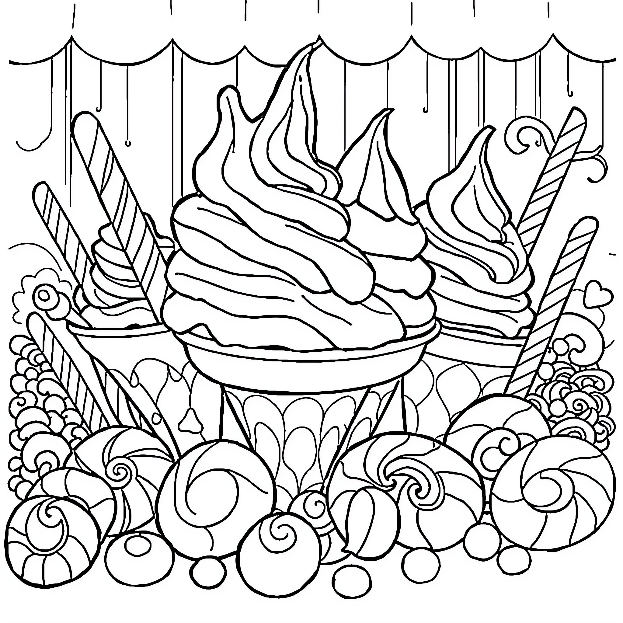 Ice Cream Swirls and Sprinkles in Whimsical Display Coloring Page (free black-and-white line drawing printable PDF for all, from beginners to advanced learners, including children, teens, adults, and seniors)