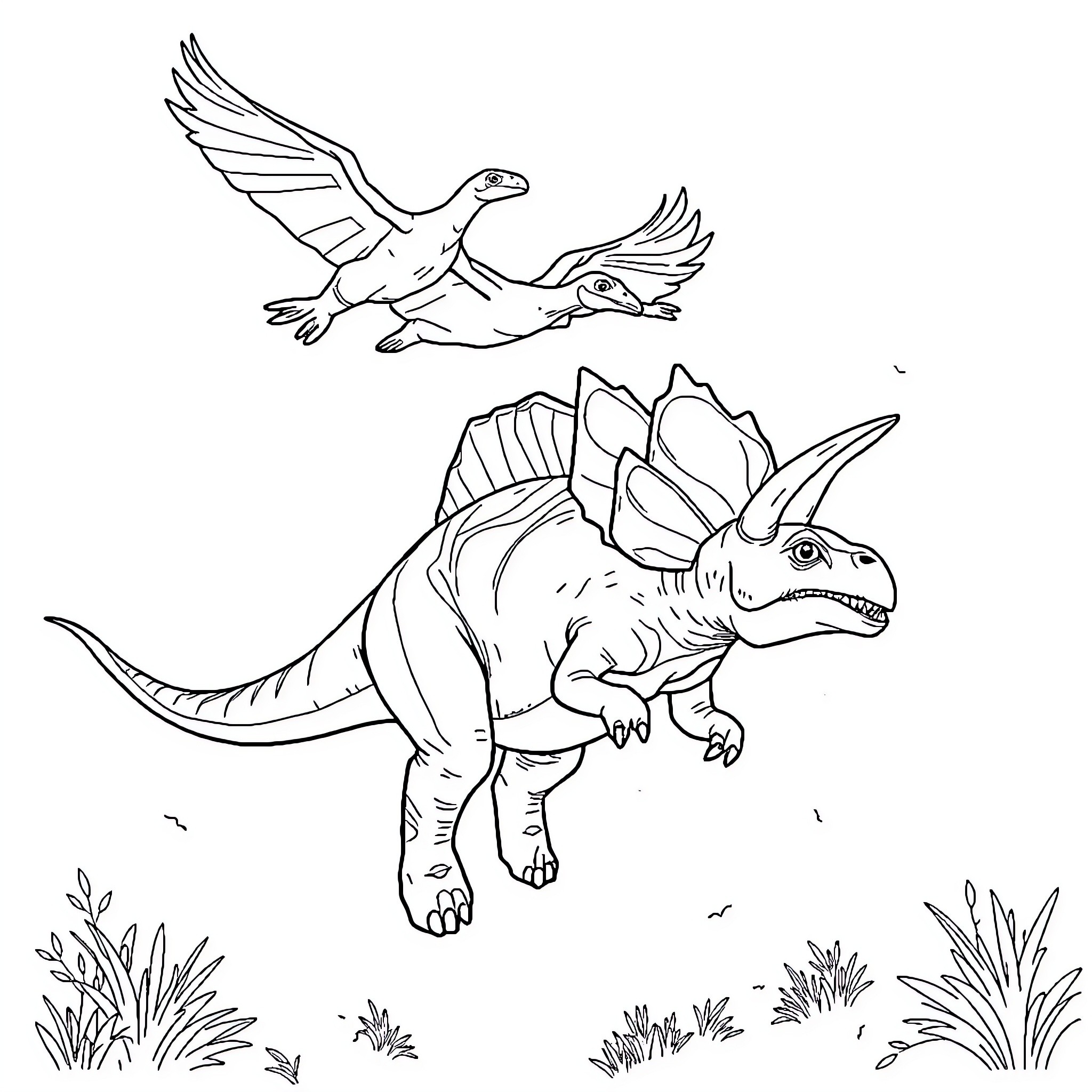 Triceratops exploring the prehistoric landscape Coloring Page (free black-and-white line drawing printable PDF for all, from beginners to advanced learners, including children, teens, adults, and seniors)