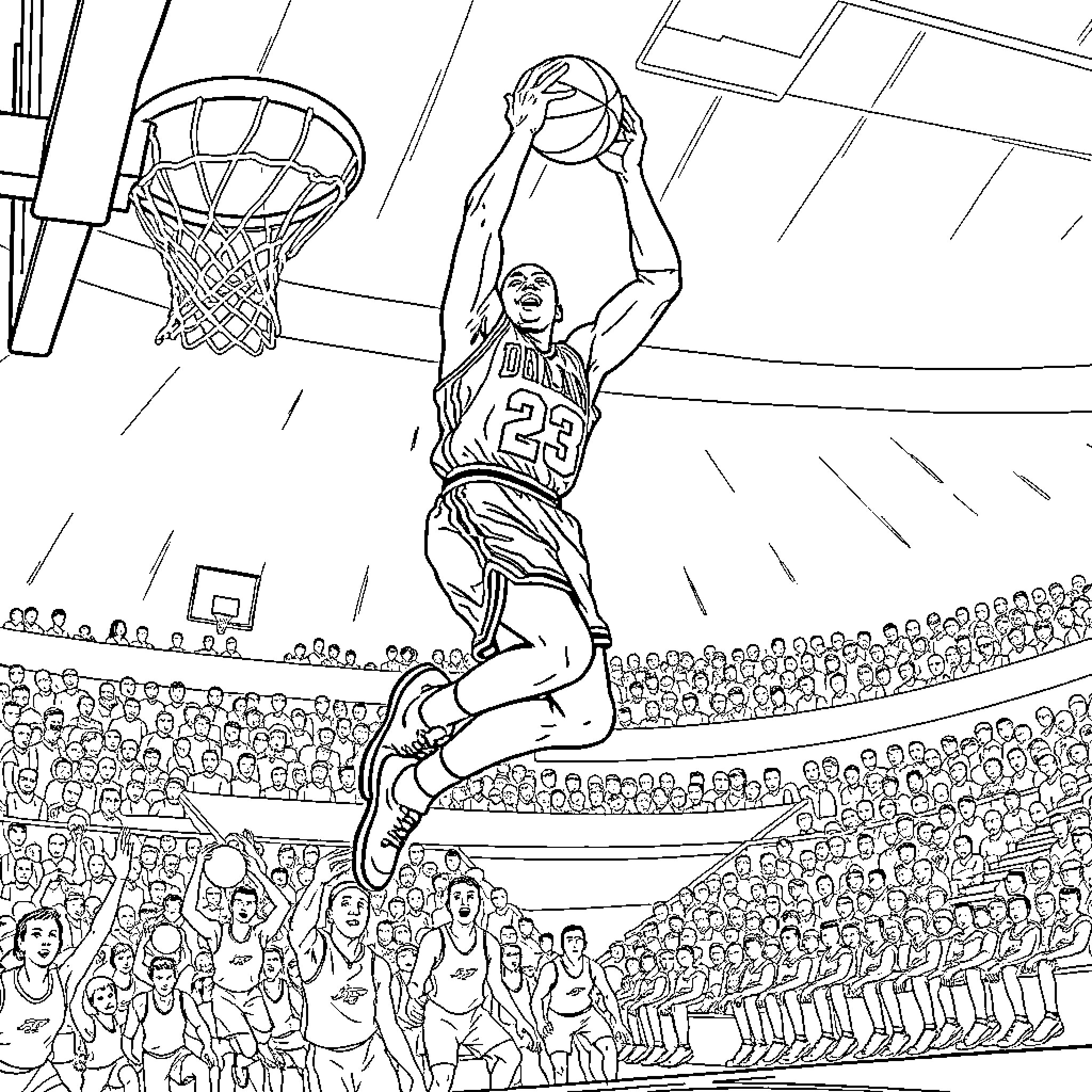Michael Jordan Dunking with Crowd in Stadium Coloring Page (free black-and-white line drawing printable PDF for all, from beginners to advanced learners, including children, teens, adults, and seniors)