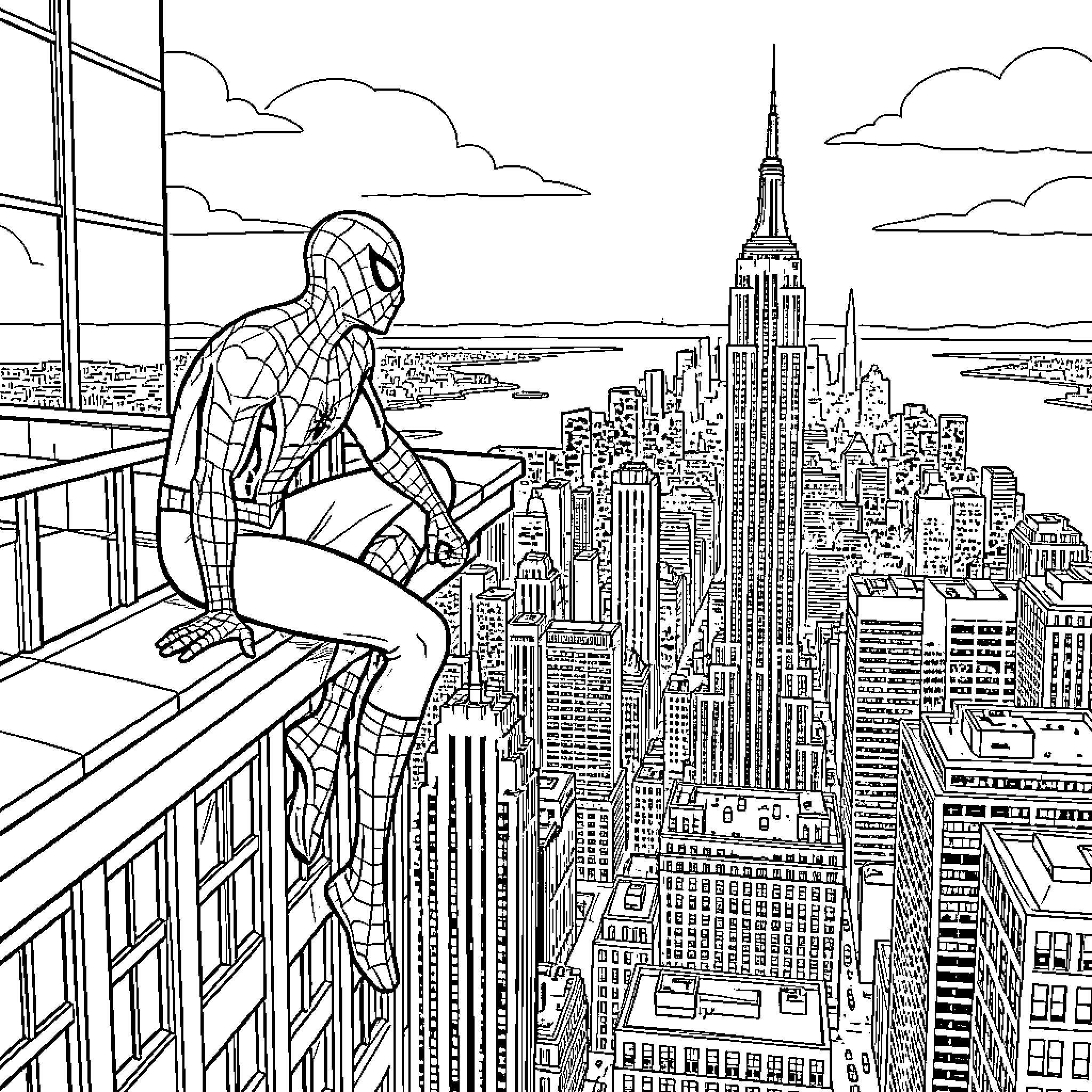 Spiderman overlooking the bustling city skyline Coloring Page (free black-and-white line drawing printable PDF for all, from beginners to advanced learners, including children, teens, adults, and seniors)