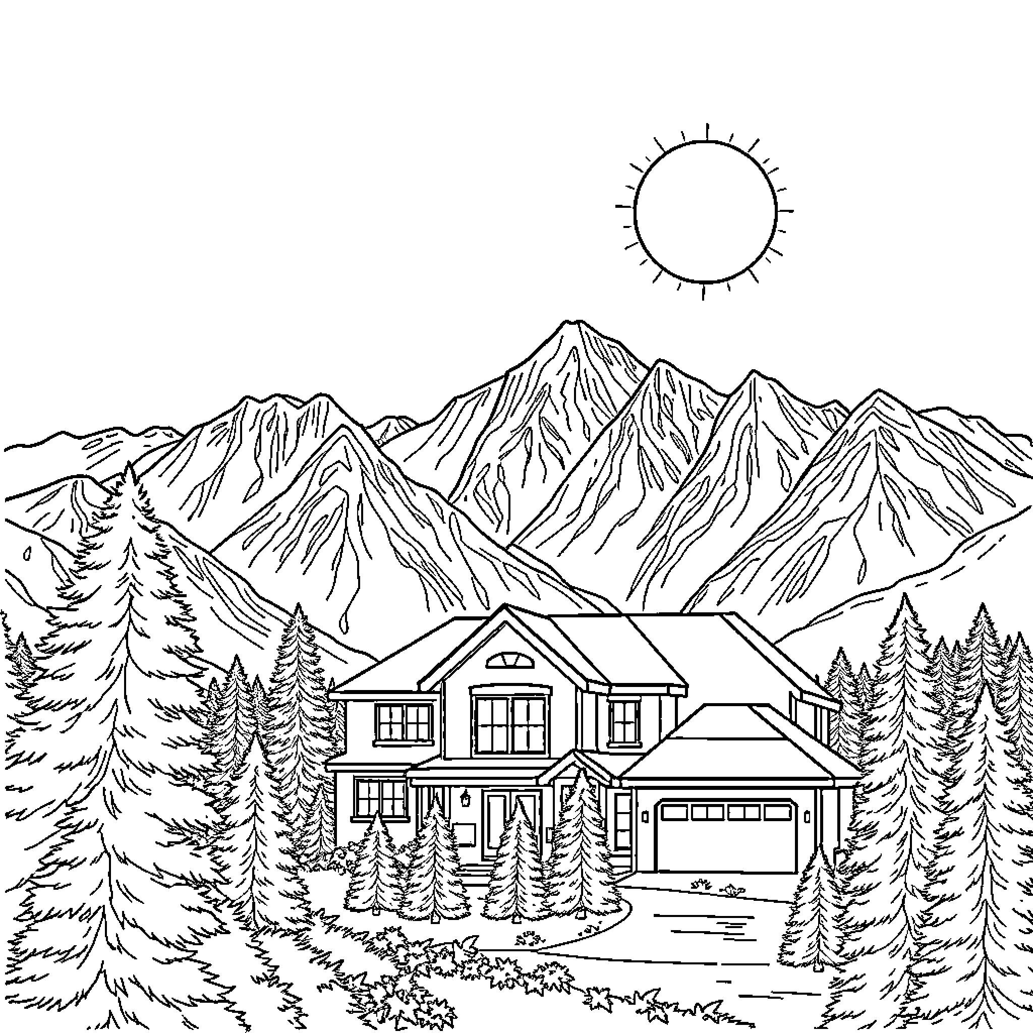 Home in the Mountainous Wilderness Coloring Page (free black-and-white line drawing printable PDF for all, from beginners to advanced learners, including children, teens, adults, and seniors)