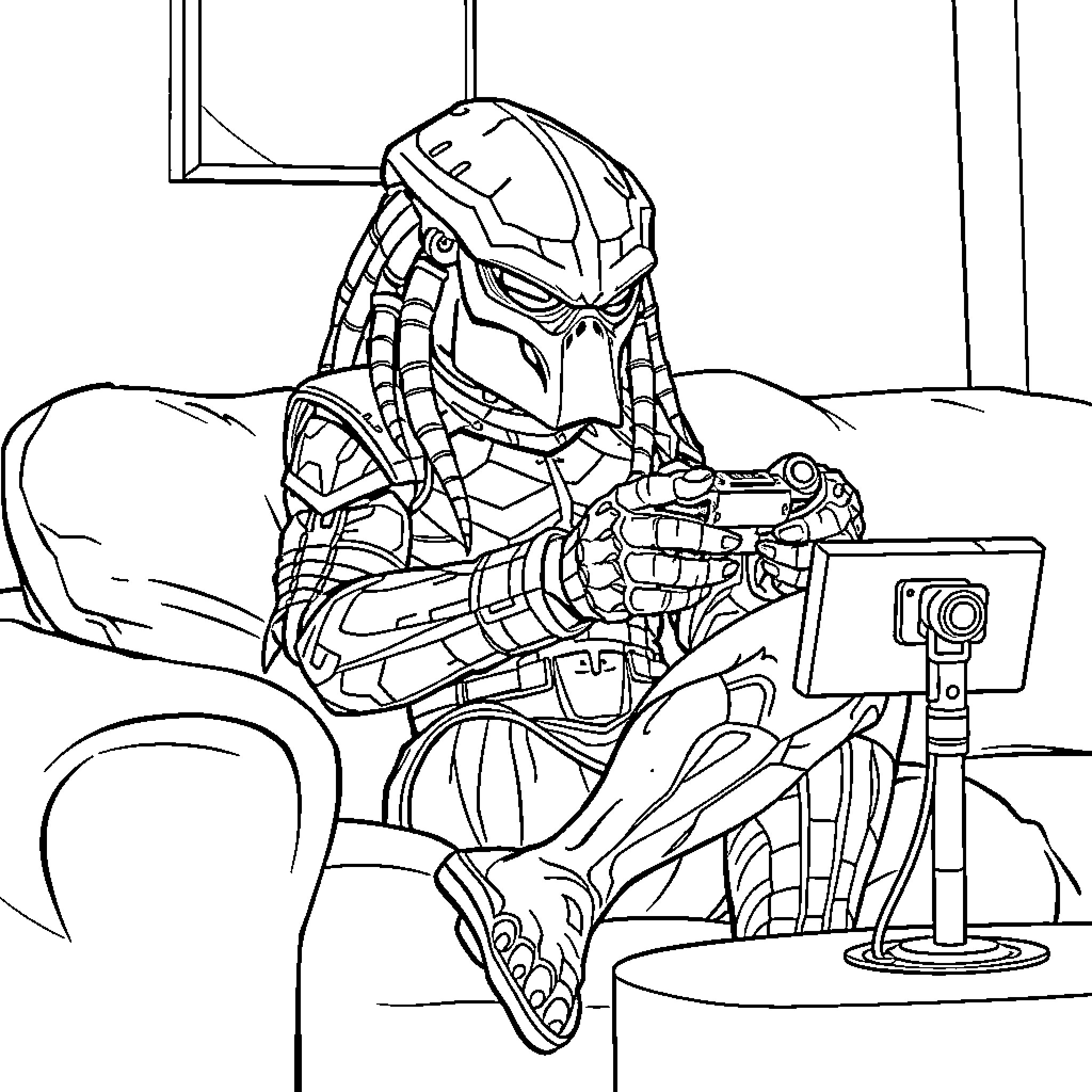 Predator assembling futuristic gadgets in a room Coloring Page (free black-and-white line drawing printable PDF for all, from beginners to advanced learners, including children, teens, adults, and seniors)
