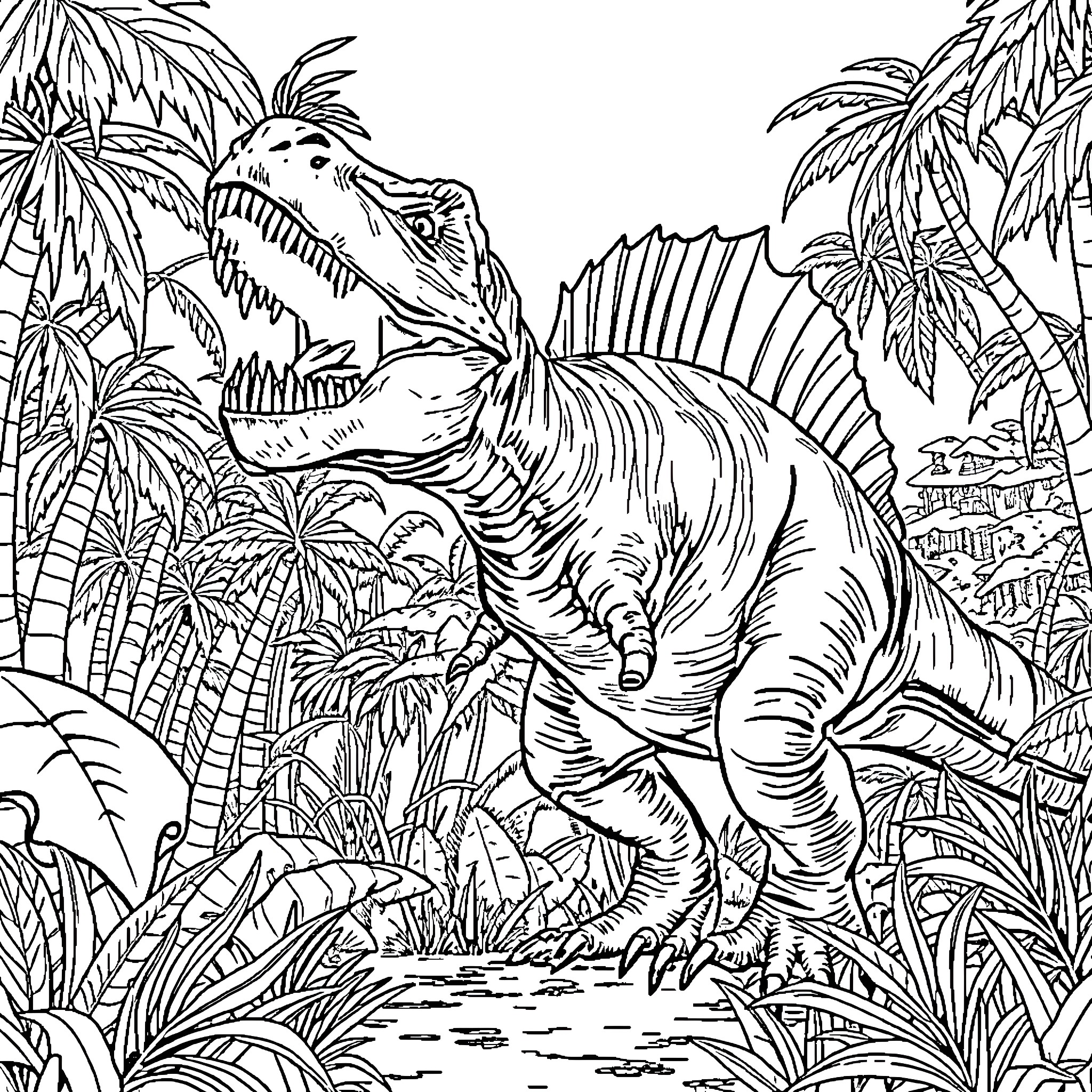 Spinosaurus exploring the prehistoric jungle landscape Coloring Page (free black-and-white line drawing printable PDF for all, from beginners to advanced learners, including children, teens, adults, and seniors)