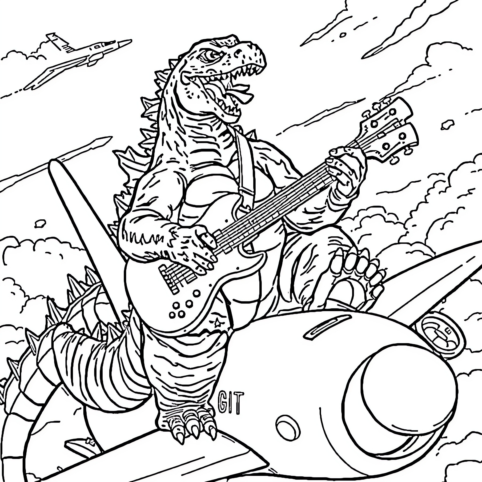 Godzilla rocking out with electric guitar on destroyed city Coloring Page (free black-and-white line drawing printable PDF for all, from beginners to advanced learners, including children, teens, adults, and seniors)