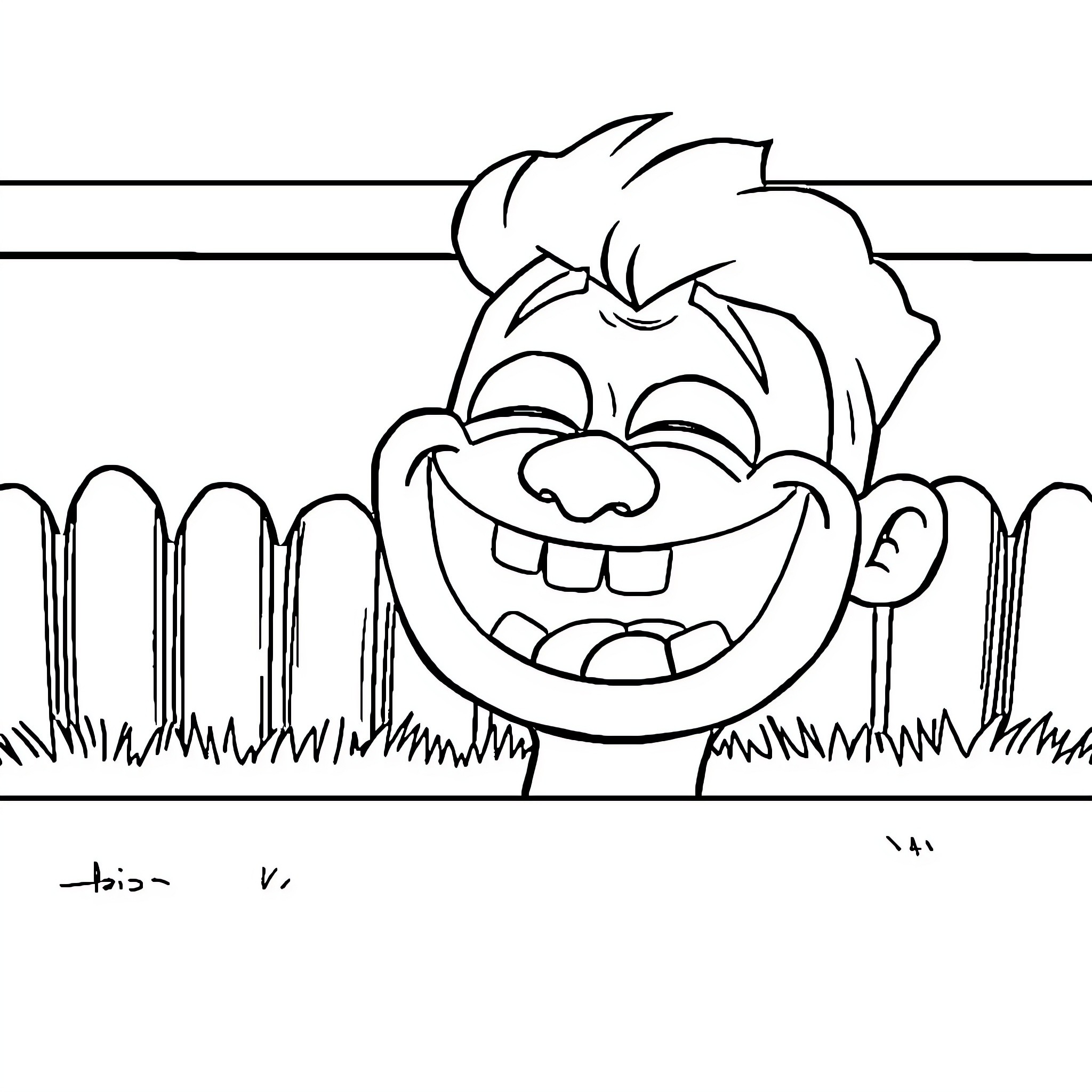 Meme of a Grinning Cartoon Character in the Grass Coloring Page (free black-and-white line drawing printable PDF for all, from beginners to advanced learners, including children, teens, adults, and seniors)