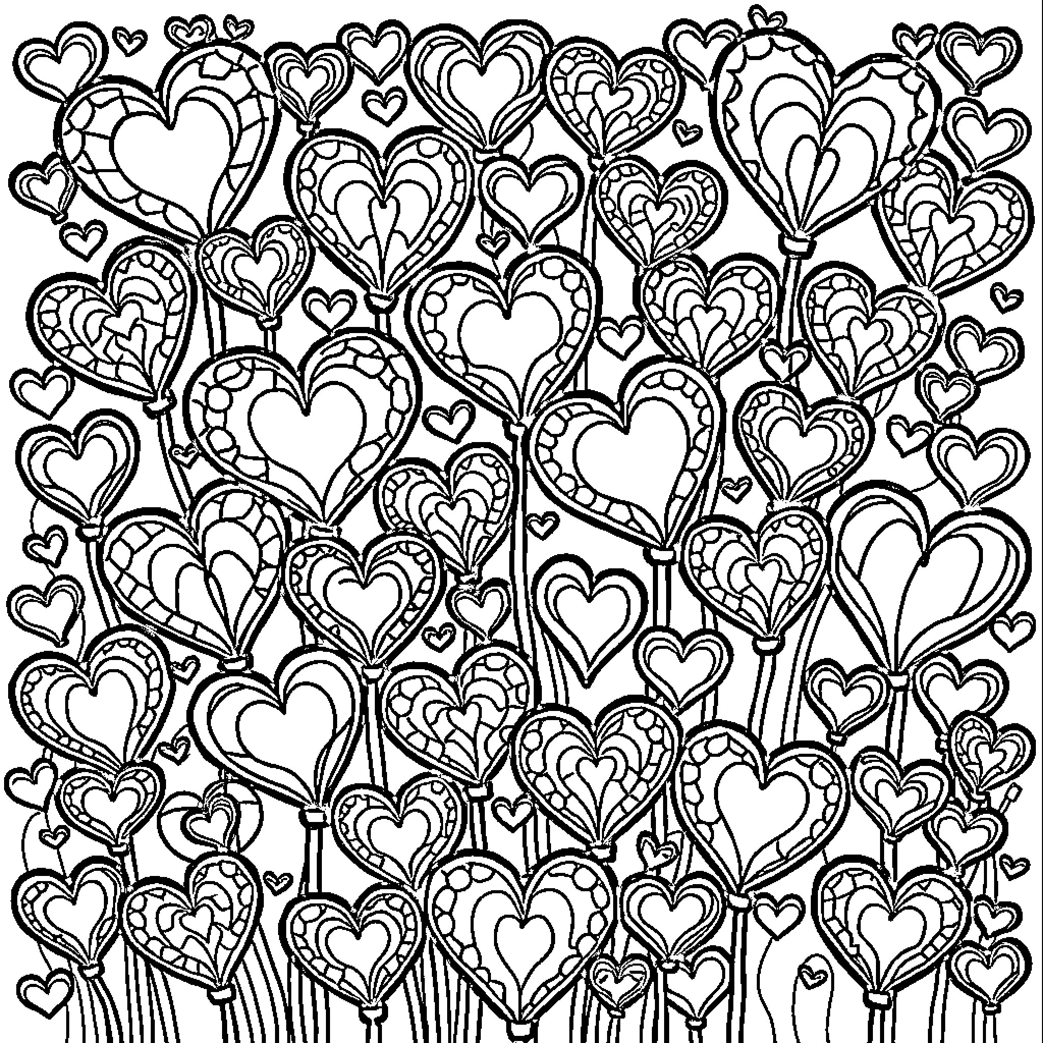 Heart-shaped Patterns and Designs Coloring Page (free black-and-white line drawing printable PDF for all, from beginners to advanced learners, including children, teens, adults, and seniors)