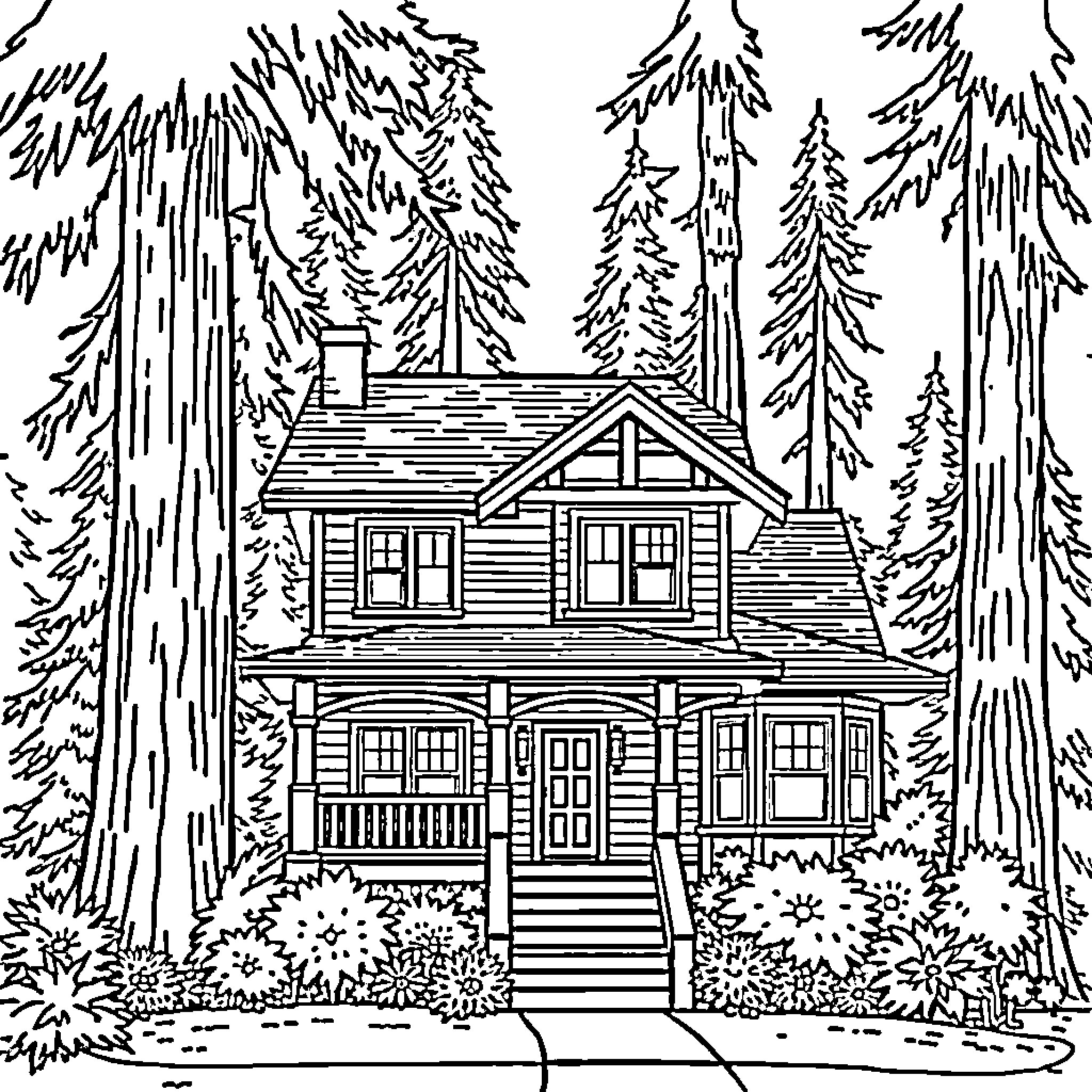 House Surrounded by Lush Forest Landscape Coloring Page (free black-and-white line drawing printable PDF for all, from beginners to advanced learners, including children, teens, adults, and seniors)