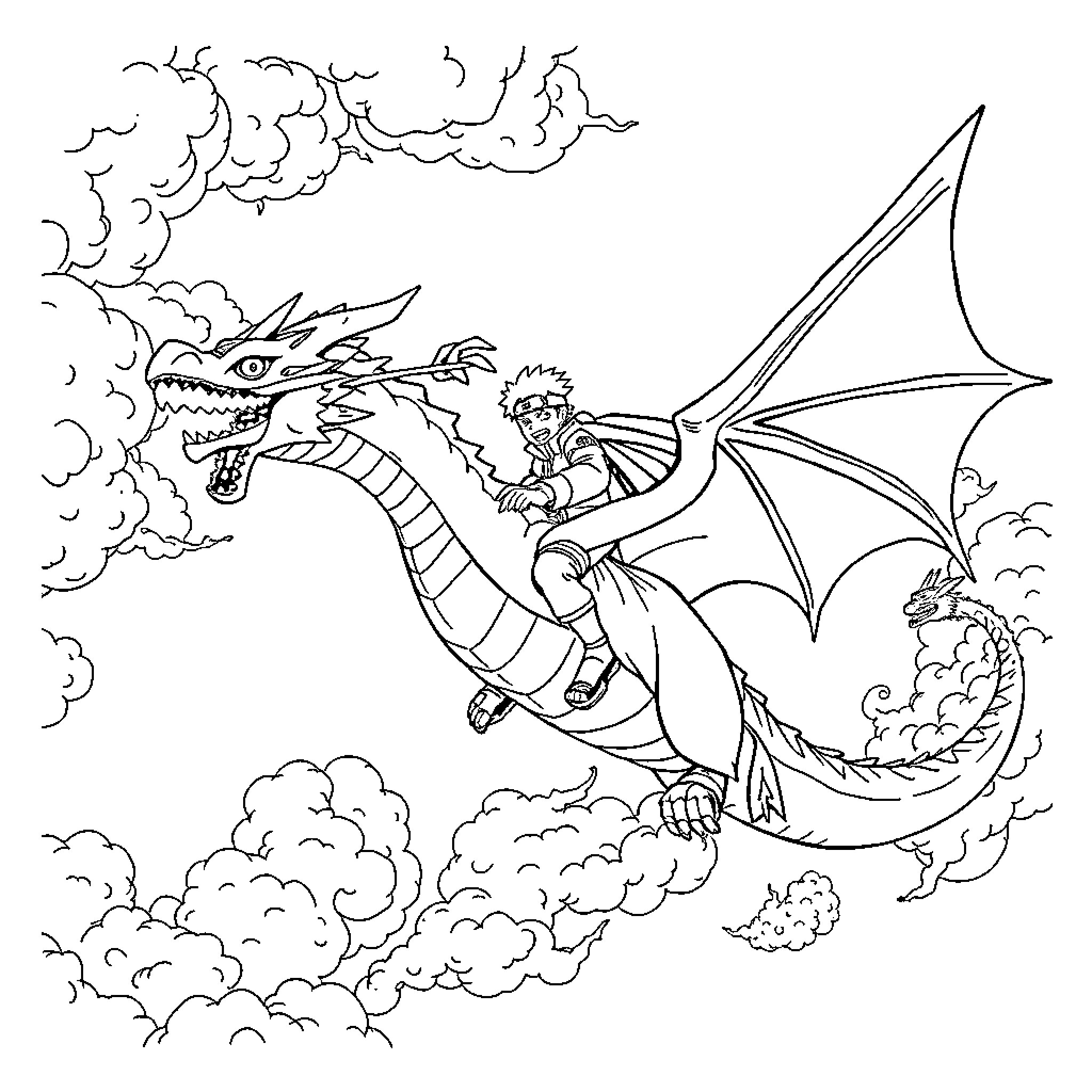 Naruto riding a fierce dragon through the clouds Coloring Page (free black-and-white line drawing printable PDF for all, from beginners to advanced learners, including children, teens, adults, and seniors)