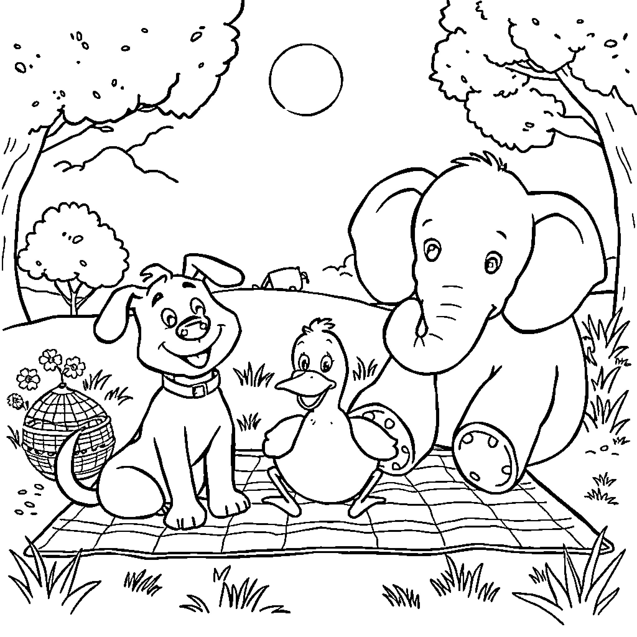 Dog and elephant playing in the park Coloring Page (free black-and-white line drawing printable PDF for all, from beginners to advanced learners, including children, teens, adults, and seniors)