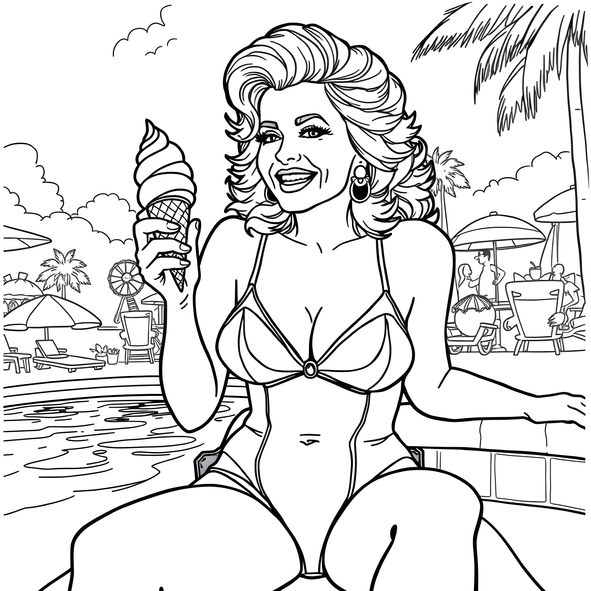 Dolly Parton enjoying a day at the beach Coloring Page (free black-and-white line drawing printable PDF for all, from beginners to advanced learners, including children, teens, adults, and seniors)