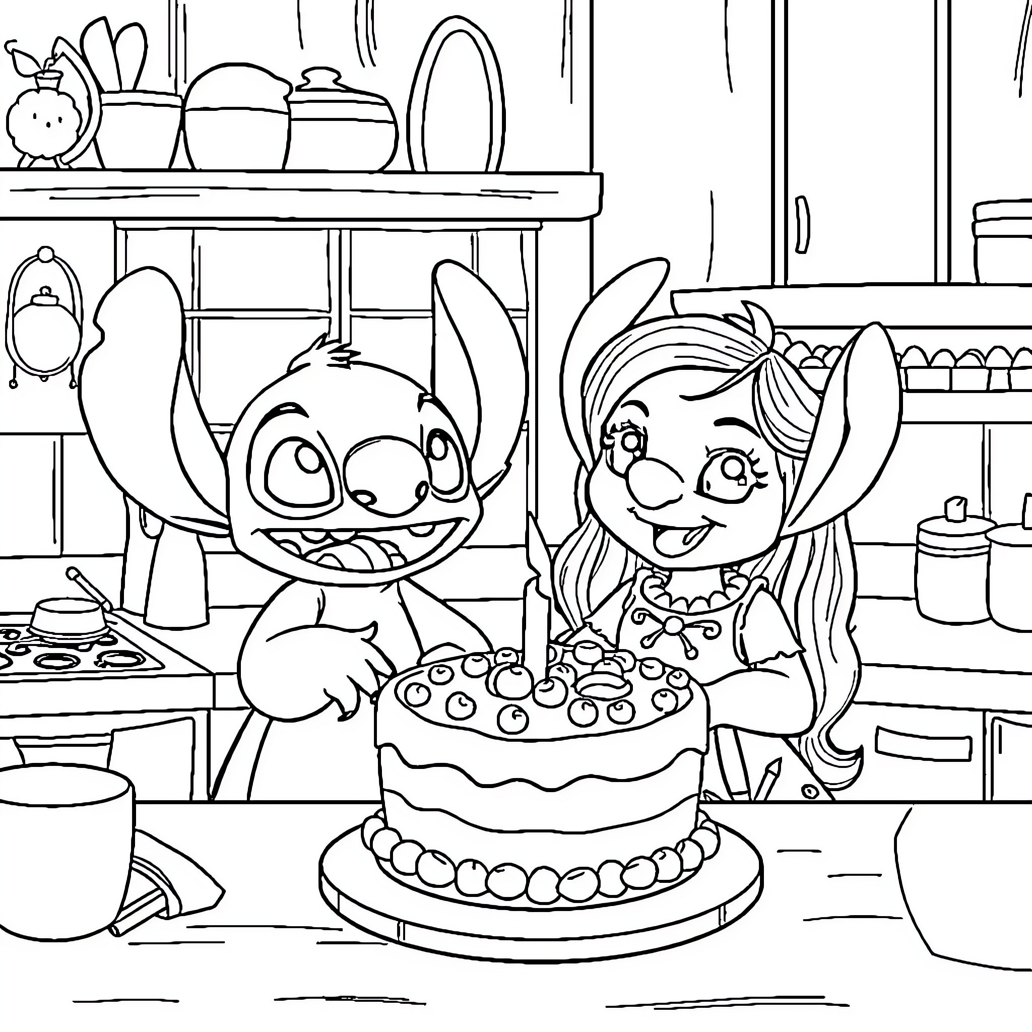 Lilo Baking Birthday Cake with Stitch Coloring Page (free black-and-white line drawing printable PDF for all, from beginners to advanced learners, including children, teens, adults, and seniors)