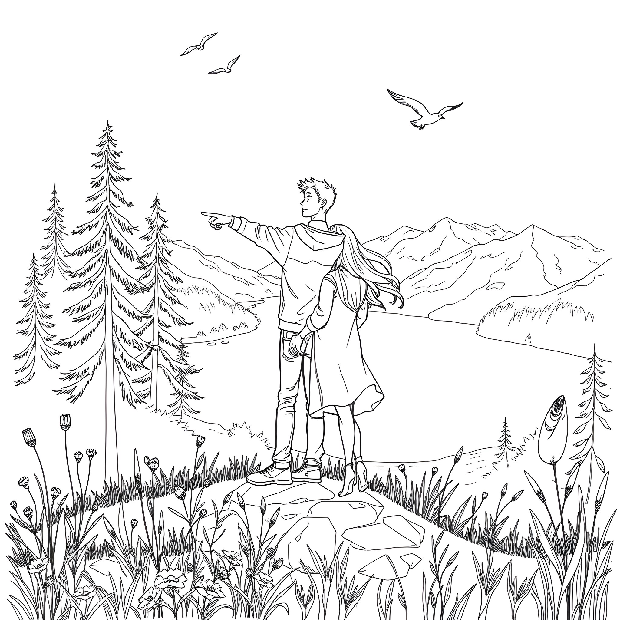 Couple Exploring Scenic Mountain Landscape Coloring Page (free black-and-white line drawing printable PDF for all, from beginners to advanced learners, including children, teens, adults, and seniors)