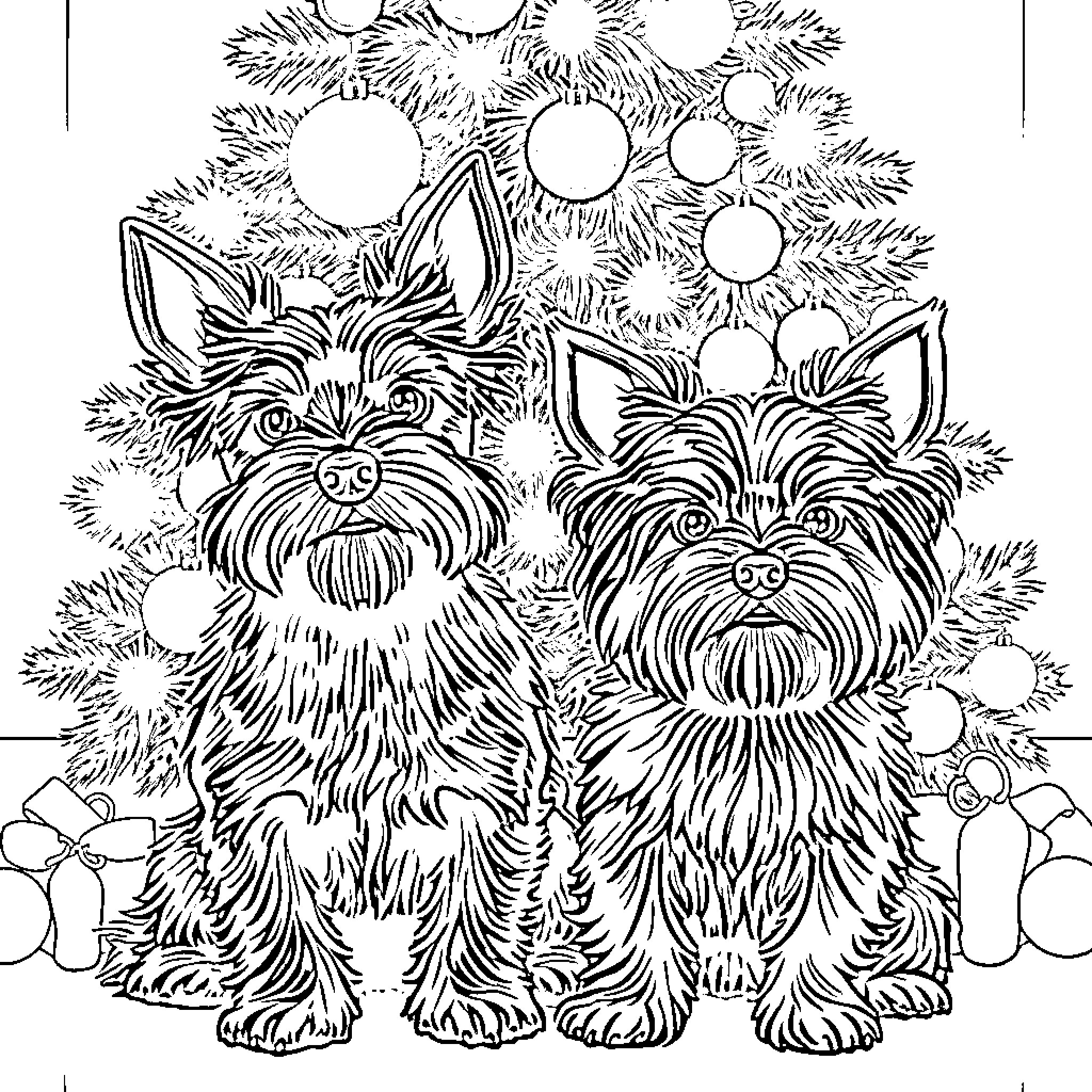 Terrier dogs playing happily in a decorative scene Coloring Page (free black-and-white line drawing printable PDF for all, from beginners to advanced learners, including children, teens, adults, and seniors)