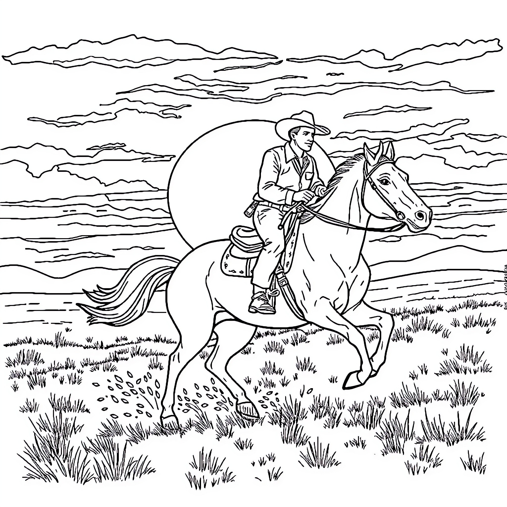 Cowboy riding gallantly on a horse under the moonlight Coloring Page (free black-and-white line drawing printable PDF for all, from beginners to advanced learners, including children, teens, adults, and seniors)