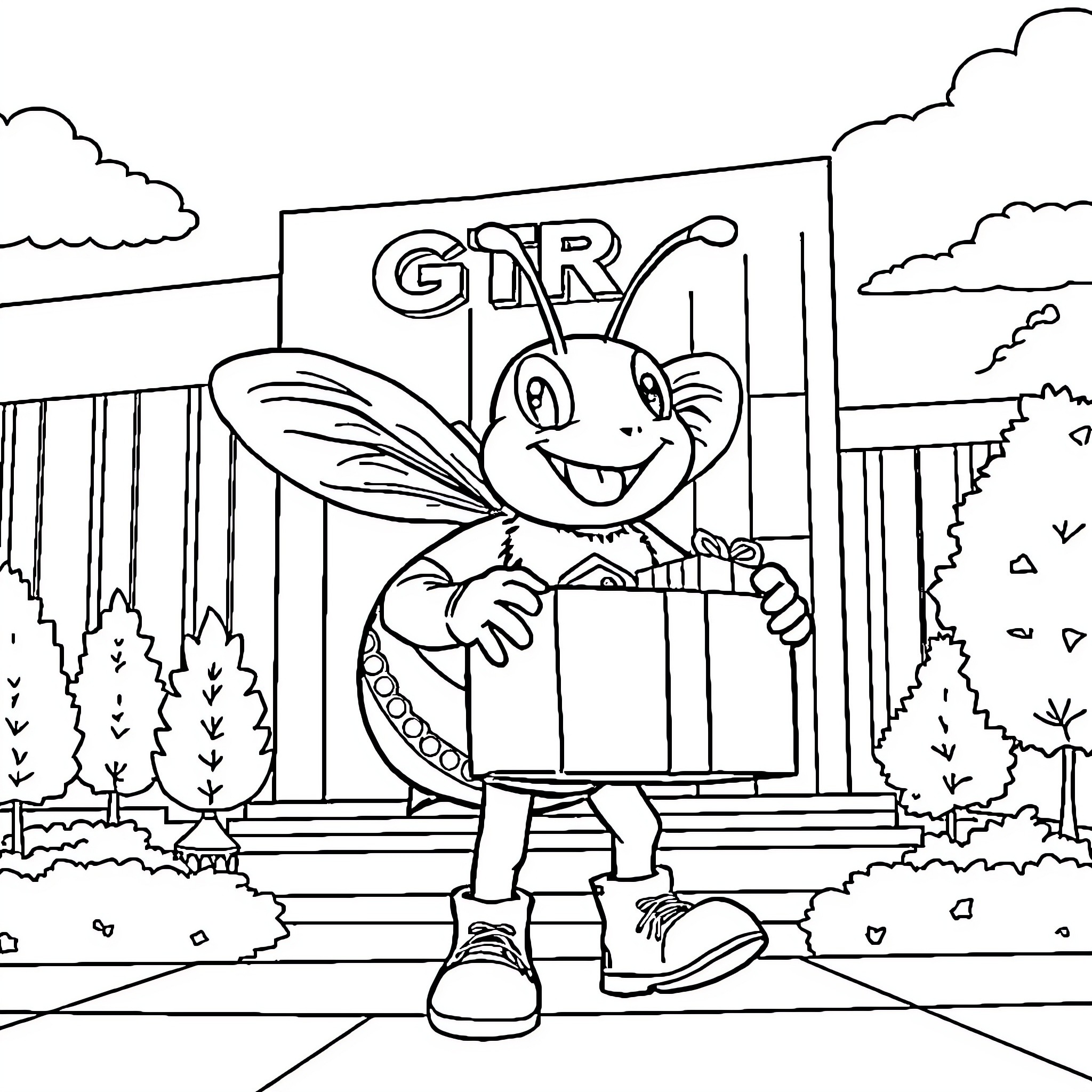 Buzz the Cheerful Girl Scout at the Cabin Coloring Page (free black-and-white line drawing printable PDF for all, from beginners to advanced learners, including children, teens, adults, and seniors)
