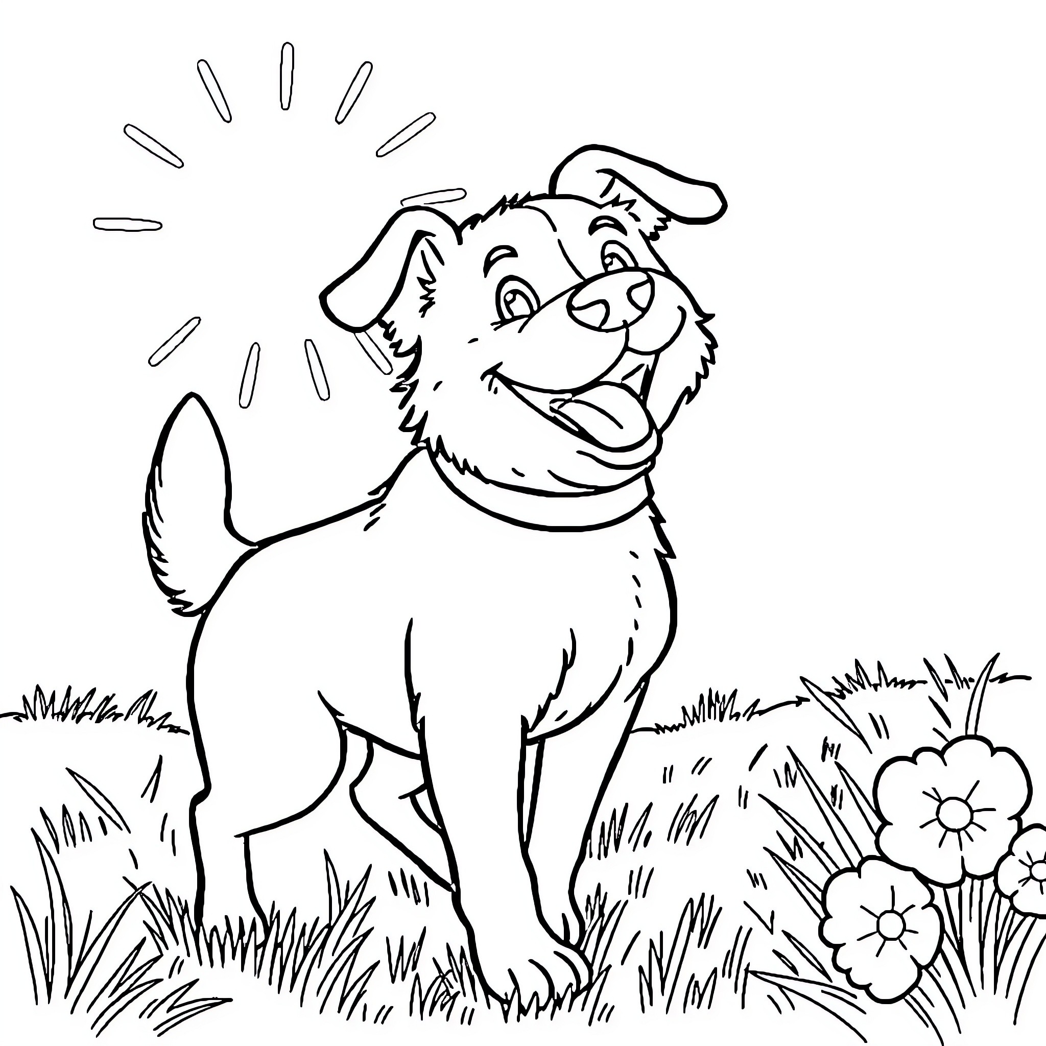 Dog happily playing in the garden Coloring Page (free black-and-white line drawing printable PDF for all, from beginners to advanced learners, including children, teens, adults, and seniors)
