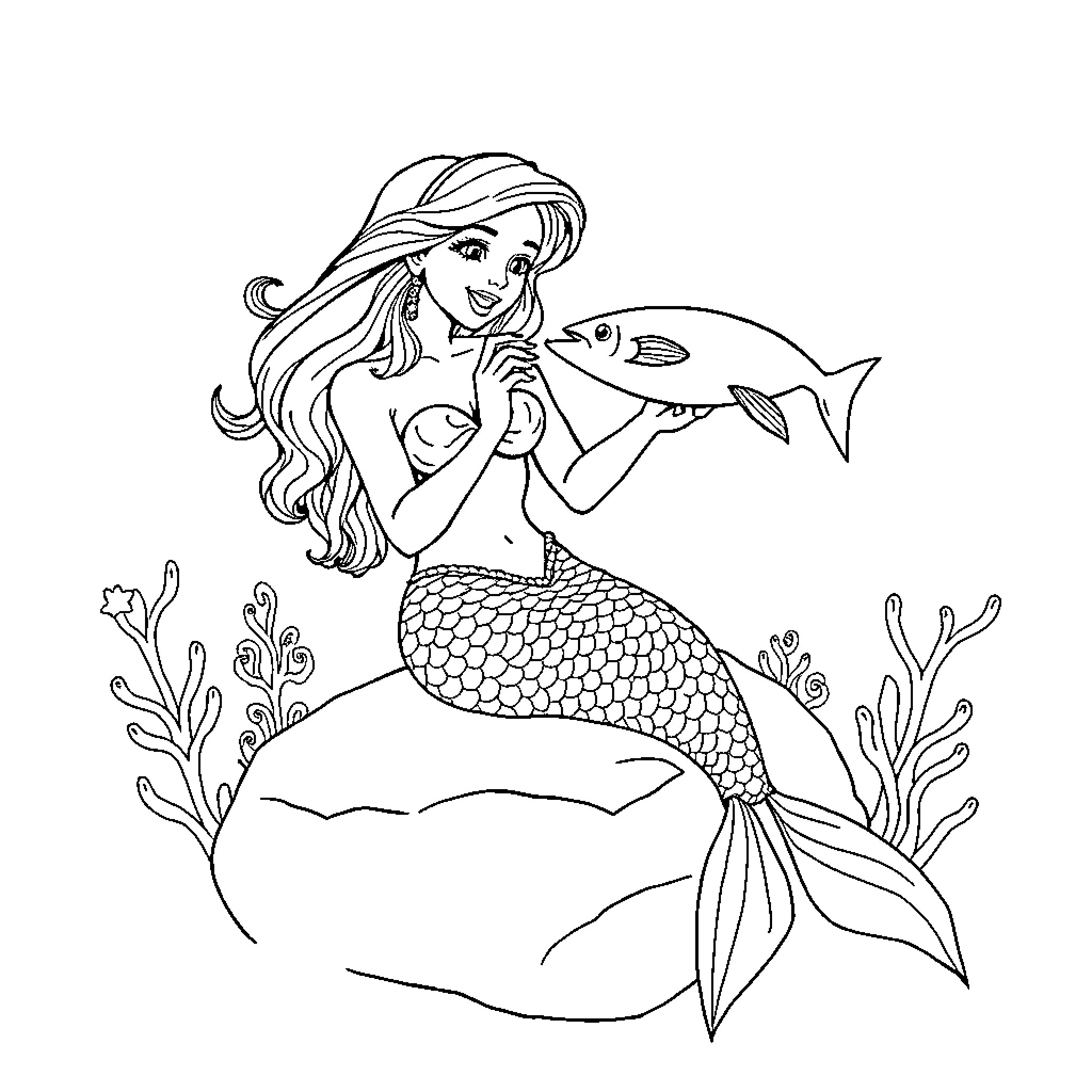 Mermaid playing with a fish in the ocean Coloring Page (free black-and-white line drawing printable PDF for all, from beginners to advanced learners, including children, teens, adults, and seniors)
