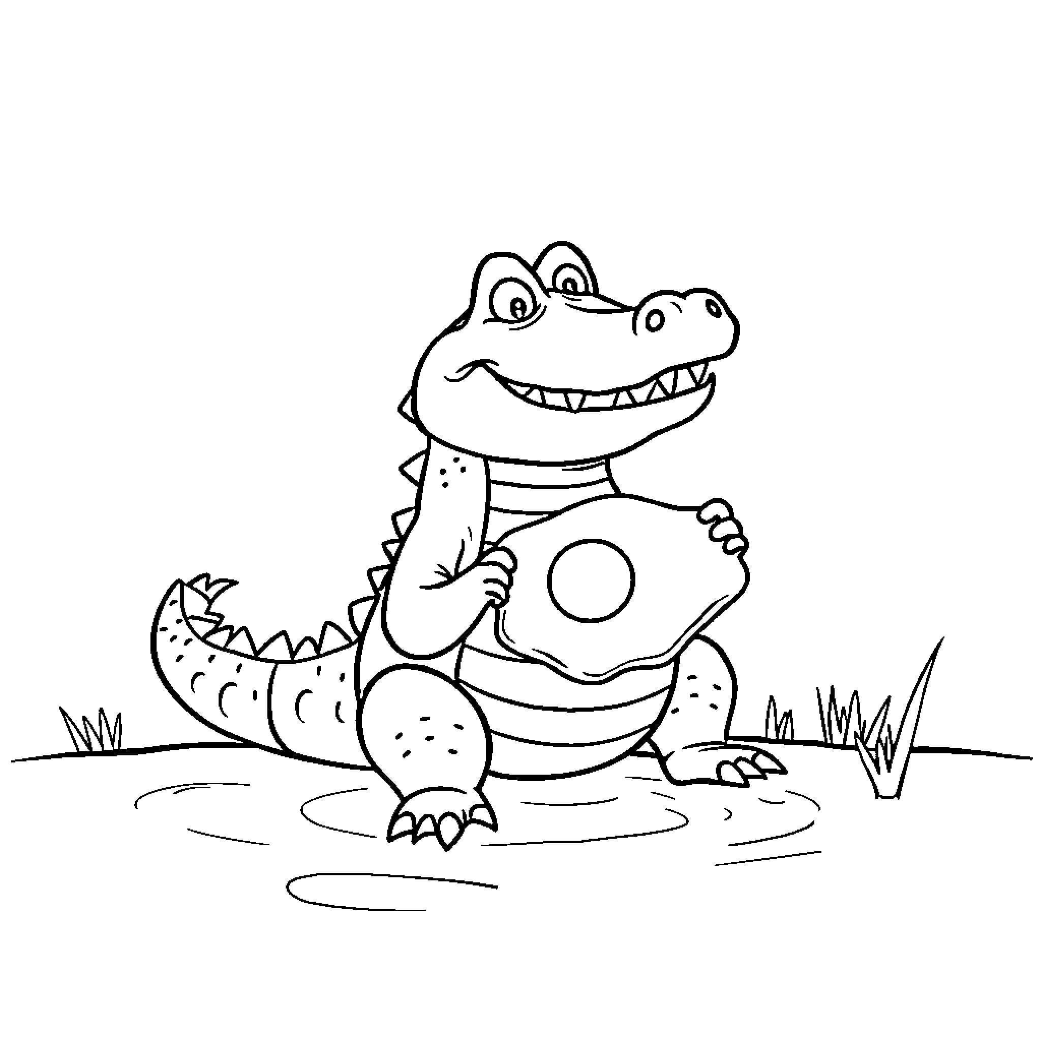 Crocodile playing with a ball in the water Coloring Page (free black-and-white line drawing printable PDF for all, from beginners to advanced learners, including children, teens, adults, and seniors)
