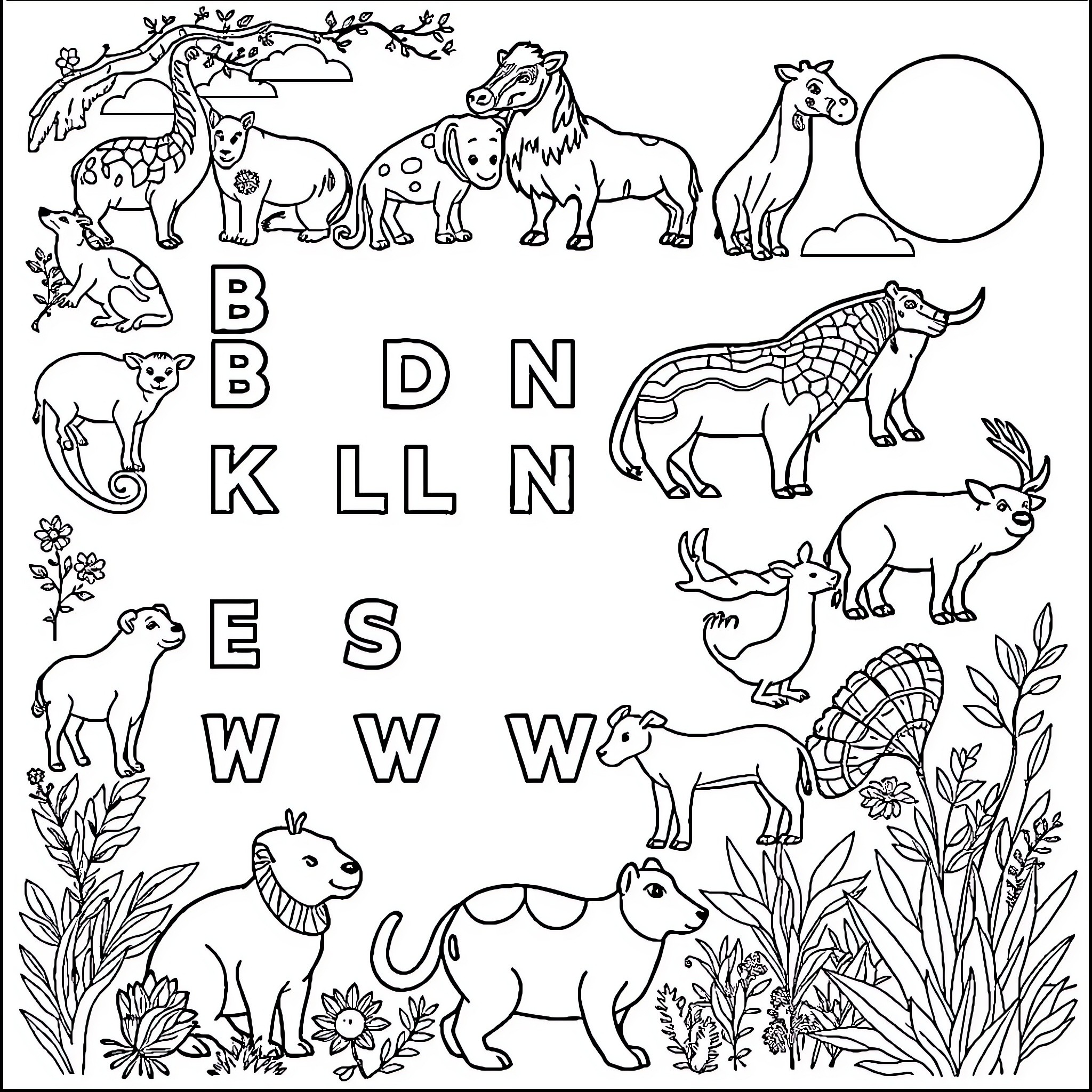 Animal friends enjoying nature together Coloring Page (free black-and-white line drawing printable PDF for all, from beginners to advanced learners, including children, teens, adults, and seniors)