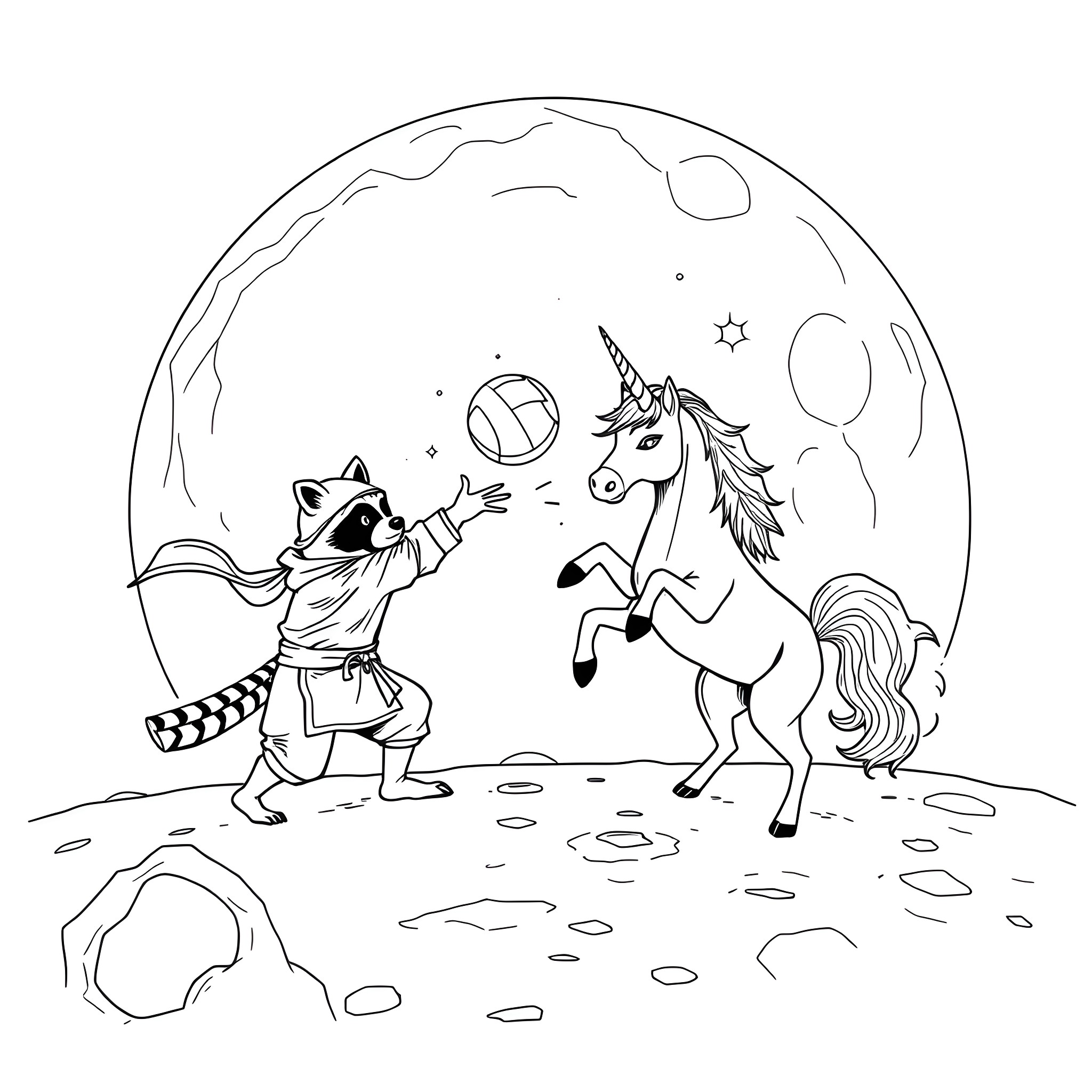 Raccoon playing catch with a unicorn under the moonlight Coloring Page (free black-and-white line drawing printable PDF for all, from beginners to advanced learners, including children, teens, adults, and seniors)