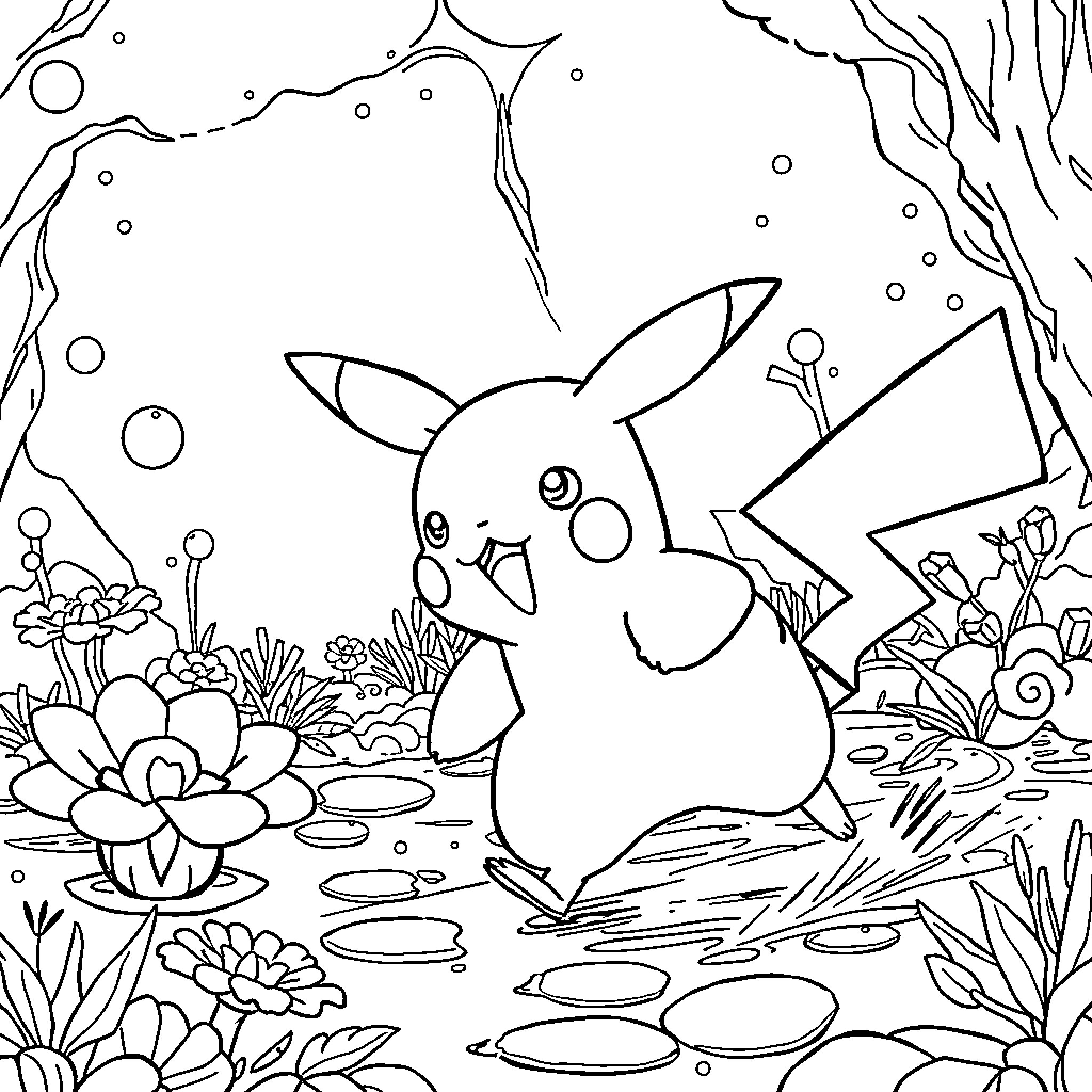 Pikachu exploring the enchanted forest Coloring Page (free black-and-white line drawing printable PDF for all, from beginners to advanced learners, including children, teens, adults, and seniors)