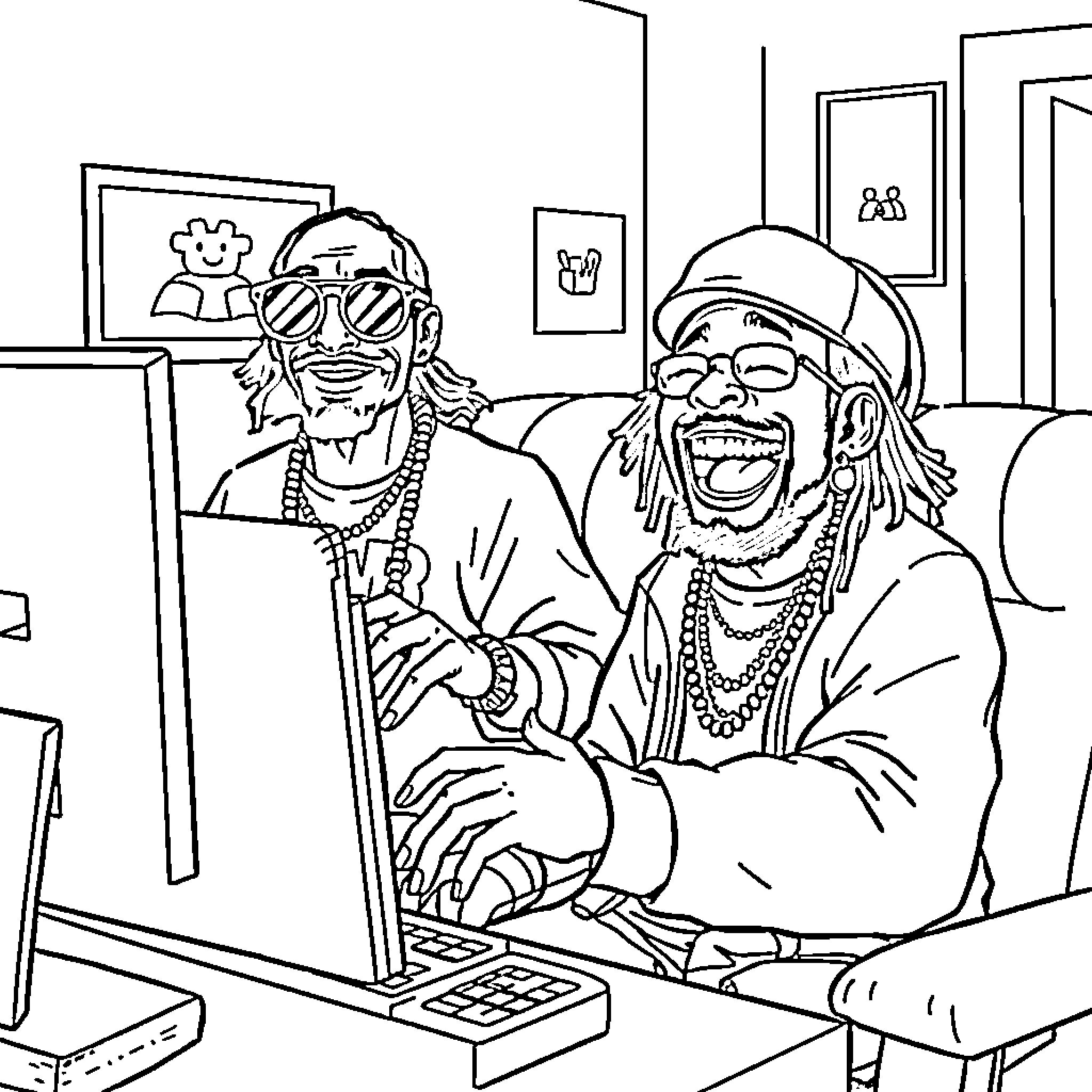 Snoop Dog and friend laughing joyfully while using a computer Coloring Page (free black-and-white line drawing printable PDF for all, from beginners to advanced learners, including children, teens, adults, and seniors)