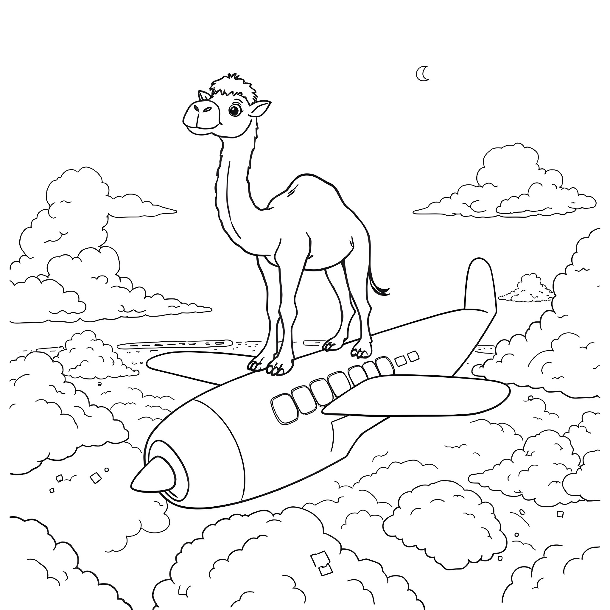Camel riding atop a flying airplane in the clouds Coloring Page (free black-and-white line drawing printable PDF for all, from beginners to advanced learners, including children, teens, adults, and seniors)