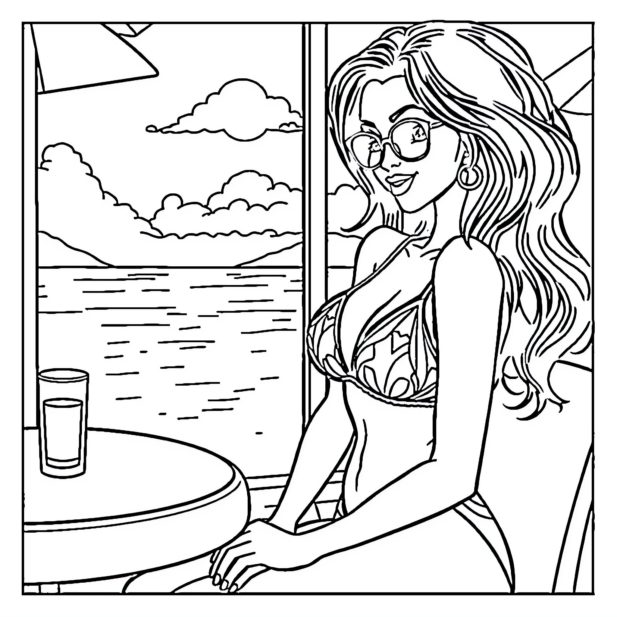 Girl enjoying the beach view through window Coloring Page (free black-and-white line drawing printable PDF for all, from beginners to advanced learners, including children, teens, adults, and seniors)