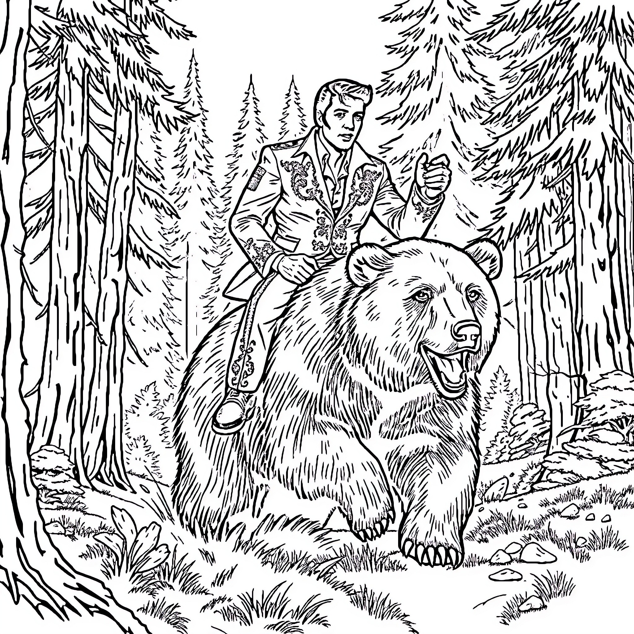 Elvis rides a majestic bear in the enchanted forest Coloring Page (free black-and-white line drawing printable PDF for all, from beginners to advanced learners, including children, teens, adults, and seniors)
