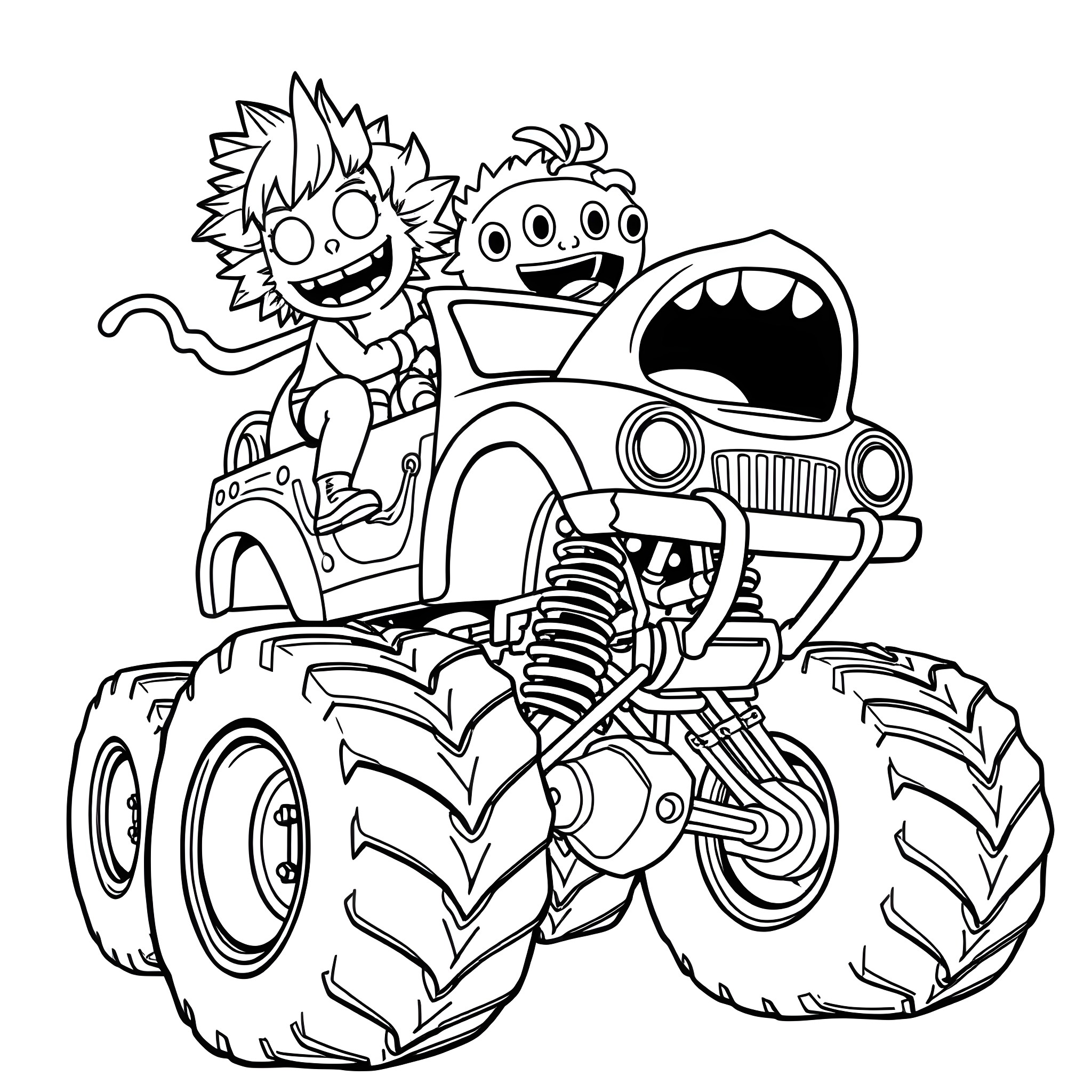 Goo Jit Zu characters riding a monster truck Coloring Page (free black-and-white line drawing printable PDF for all, from beginners to advanced learners, including children, teens, adults, and seniors)