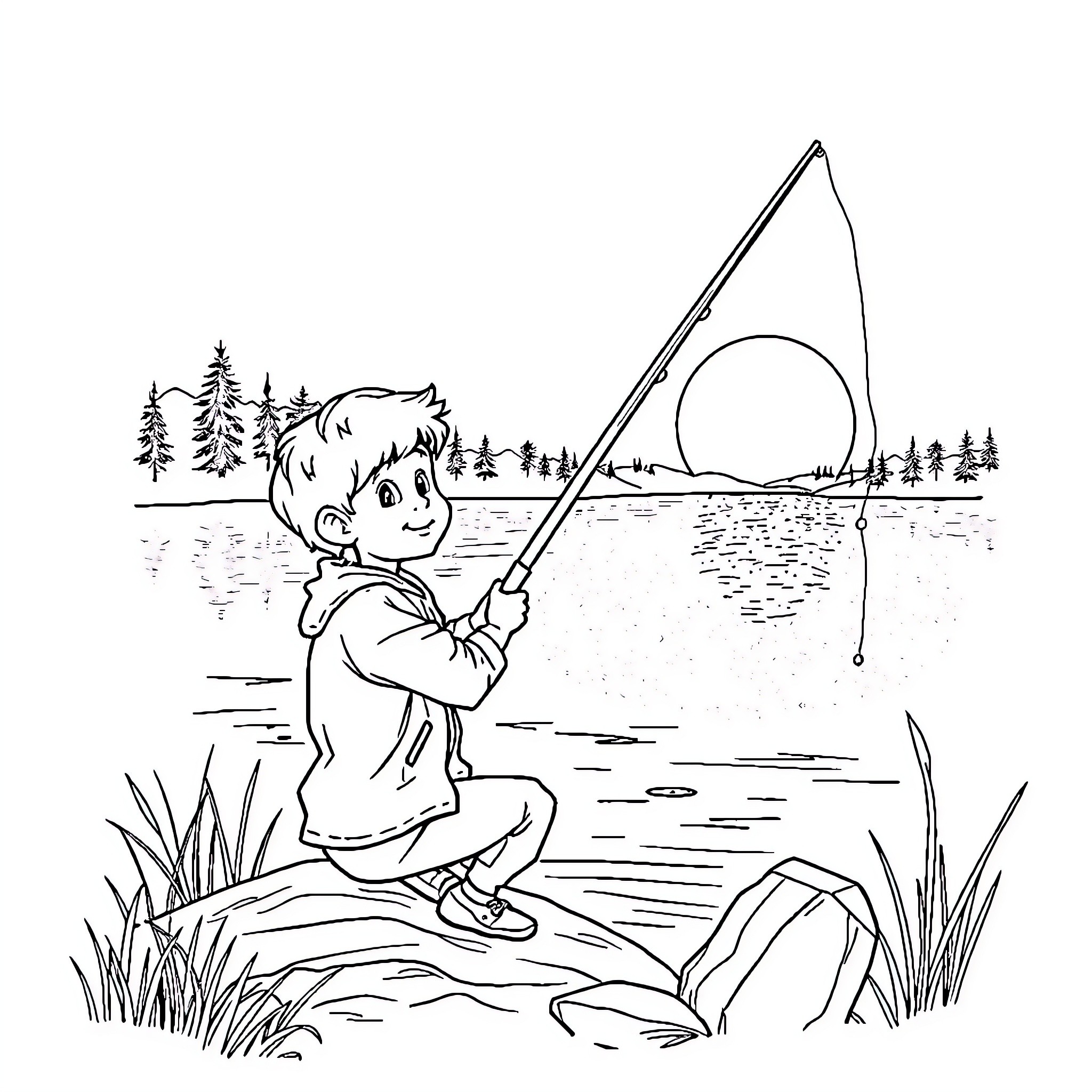 Nicky Larson enjoying a peaceful fishing trip by the lake Coloring Page (free black-and-white line drawing printable PDF for all, from beginners to advanced learners, including children, teens, adults, and seniors)