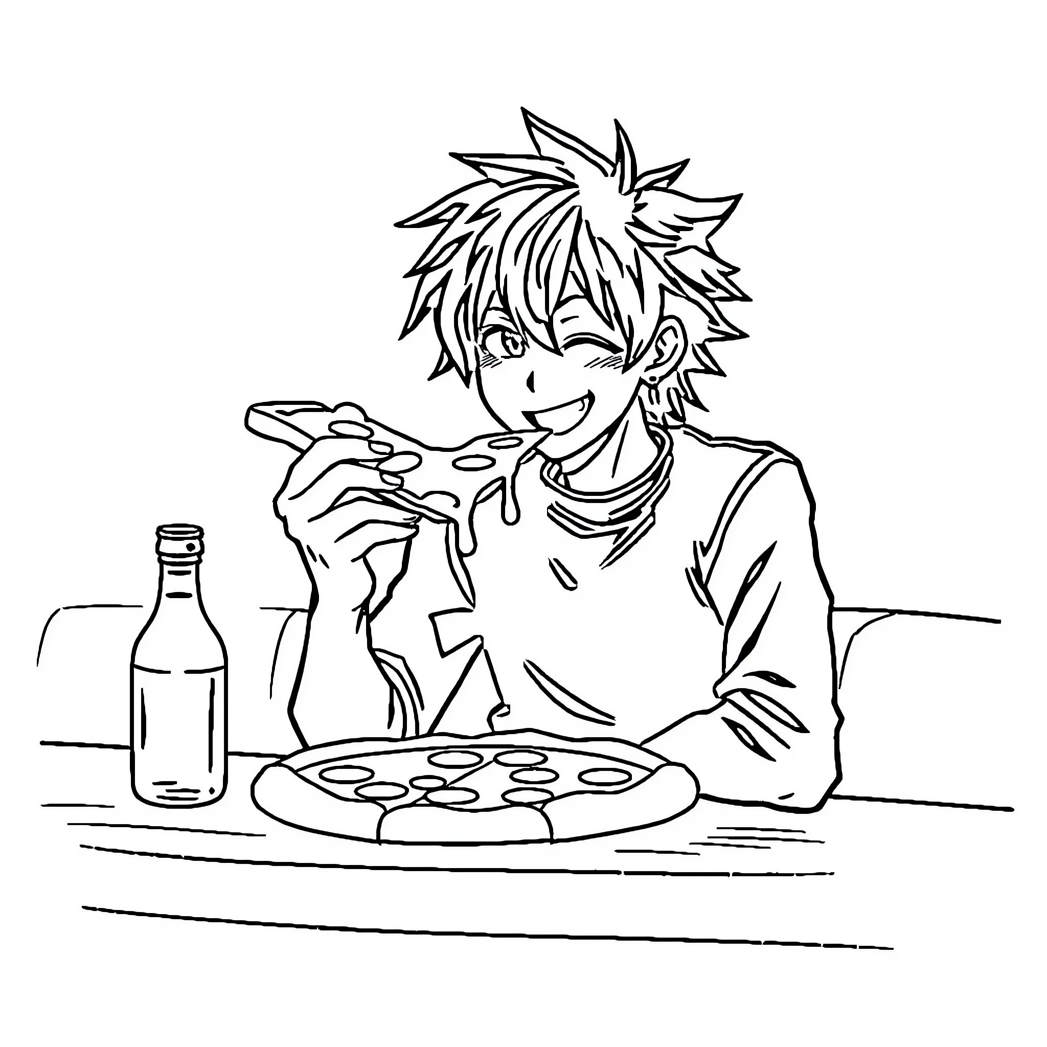 Ichigo enjoying a tasty pizza meal Coloring Page (free black-and-white line drawing printable PDF for all, from beginners to advanced learners, including children, teens, adults, and seniors)