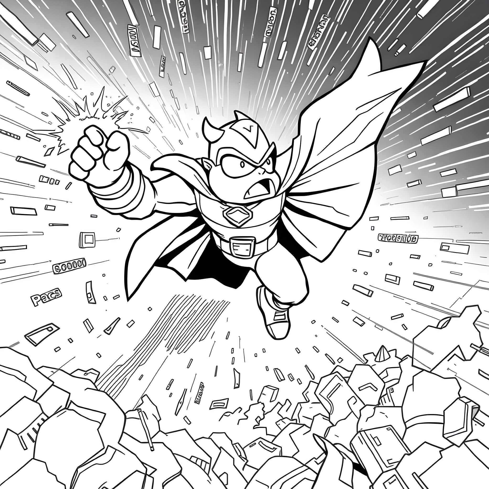 Captain Drupal in action-packed heroic pose Coloring Page (free black-and-white line drawing printable PDF for all, from beginners to advanced learners, including children, teens, adults, and seniors)